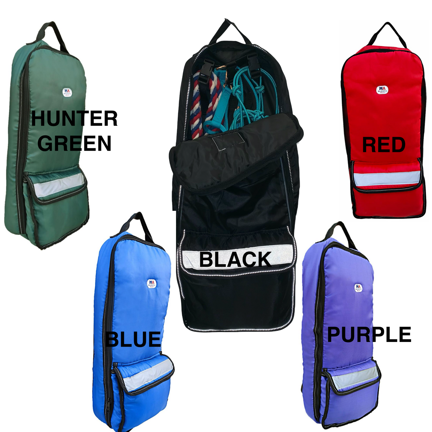 Majestic Ally Halter Bridle Carry Bag - Reflective, Padded with Front Large Pocket Tack Carry Bag to Keep Horse Tack Clean and Safe -Black