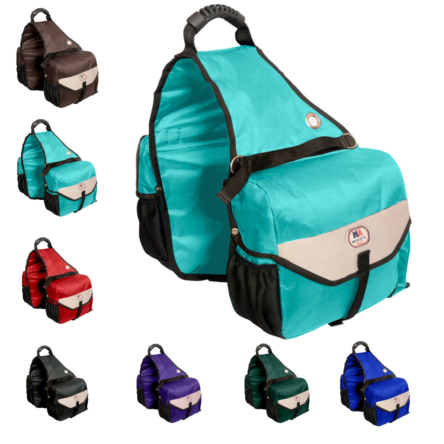 Majestic Ally Saddle Bag for Horses - Nylon Insulated Leakproof Cooler Reflective Padded with Pockets and Water Bottle Carrier Durable Saddle Bag