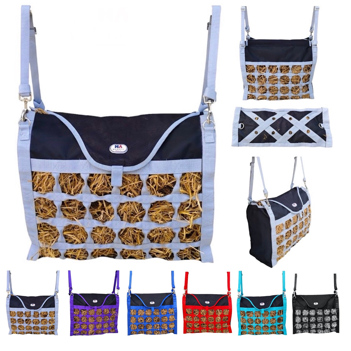 Majestic Ally Double Sided Slow Feed Hay Bag for Horses and Livestock, 2.5" Octagon Holes, Top Load, Adjustable Travel Feeder for Trailer, Stall, Simulates Grazing, Reduces Waste