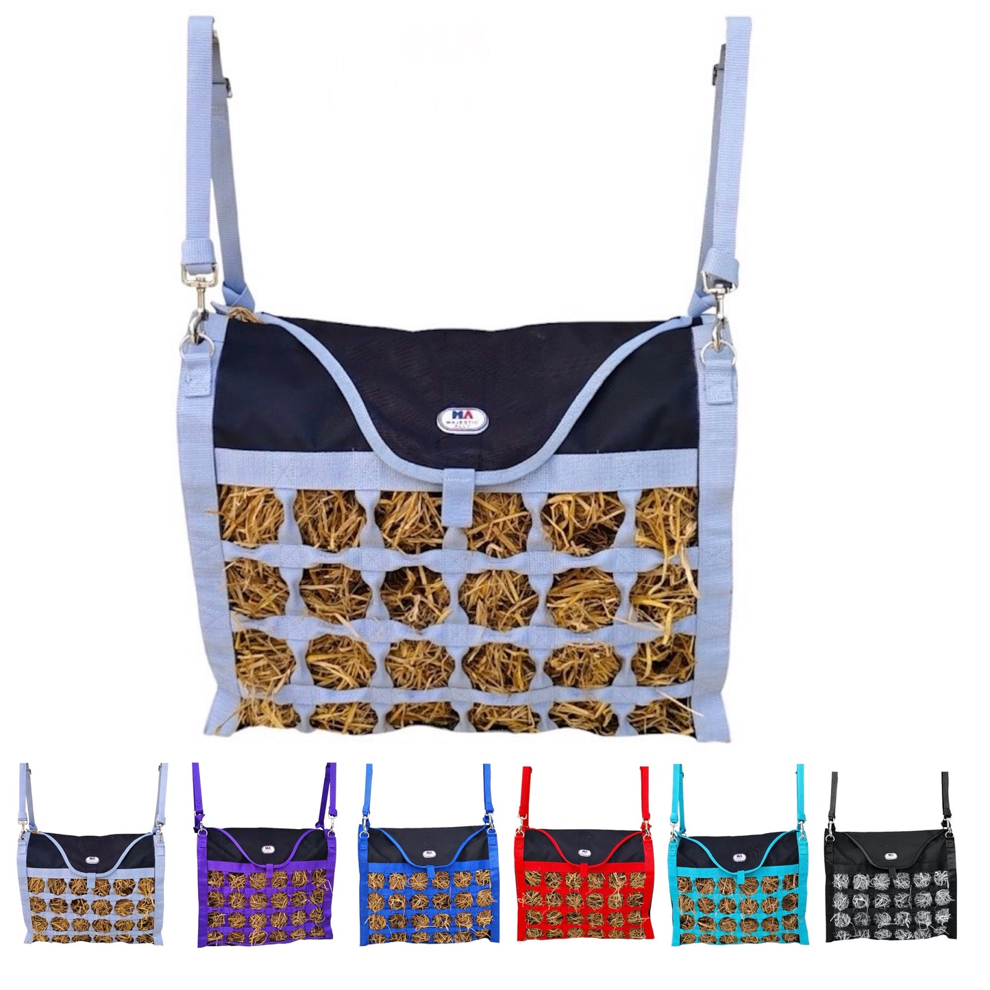 Majestic Ally Double Sided Slow Feed Hay Bag for Horses and Livestock, 2.5" Octagon Holes, Top Load, Adjustable Travel Feeder for Trailer, Stall, Simulates Grazing, Reduces Waste