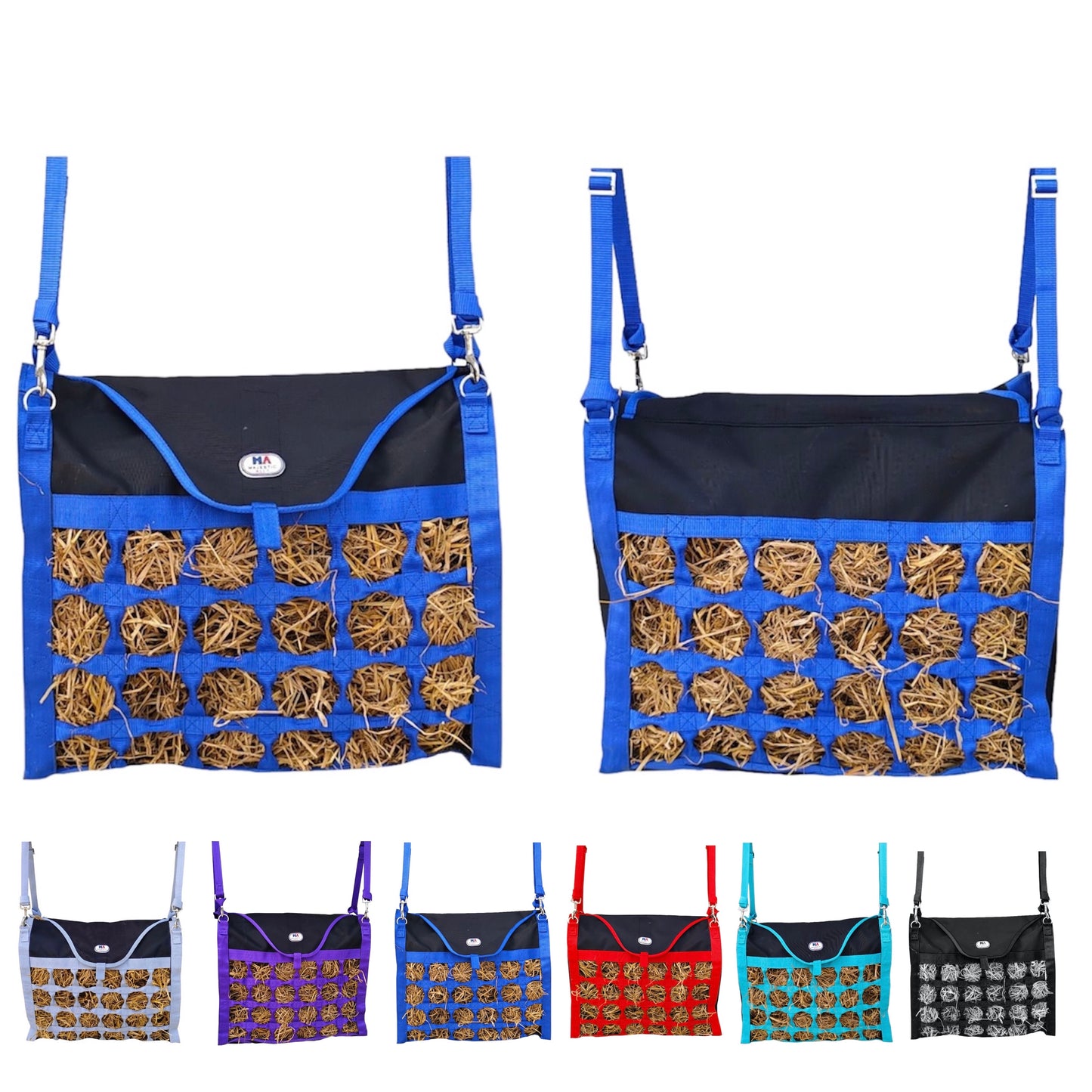 Majestic Ally Double Sided Slow Feed Hay Bag for Horses and Livestock, 2.5" Octagon Holes, Top Load, Adjustable Travel Feeder for Trailer, Stall, Simulates Grazing, Reduces Waste