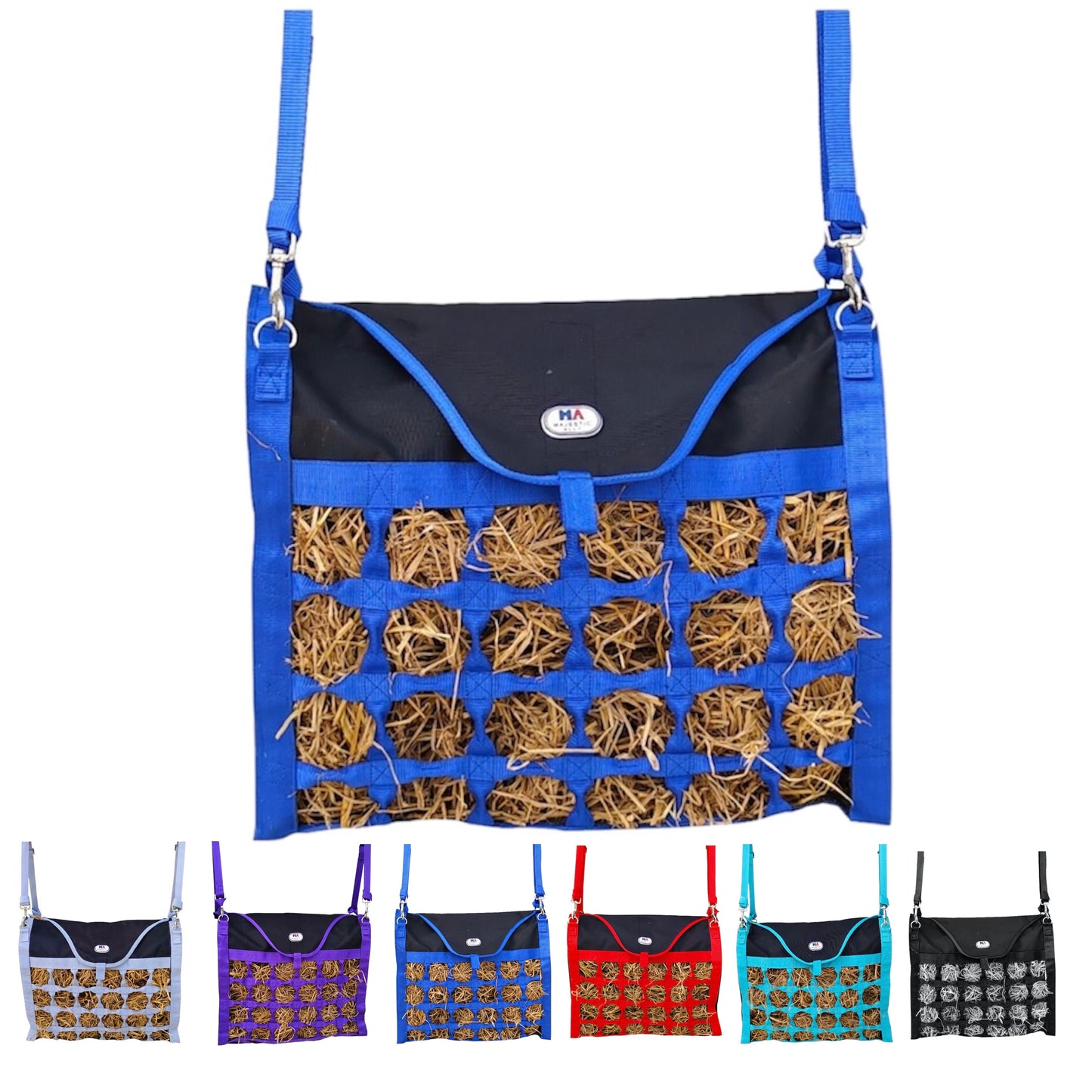 Majestic Ally Double Sided Slow Feed Hay Bag for Horses and Livestock, 2.5" Octagon Holes, Top Load, Adjustable Travel Feeder for Trailer, Stall, Simulates Grazing, Reduces Waste