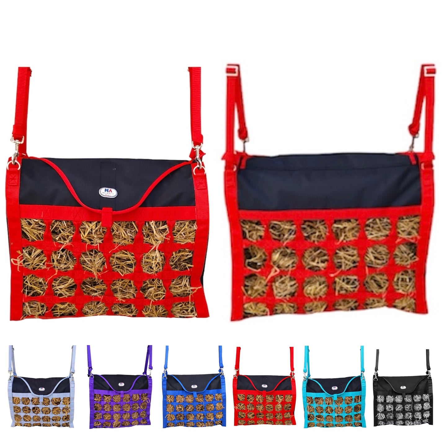 Majestic Ally Double Sided Slow Feed Hay Bag for Horses and Livestock, 2.5" Octagon Holes, Top Load, Adjustable Travel Feeder for Trailer, Stall, Simulates Grazing, Reduces Waste