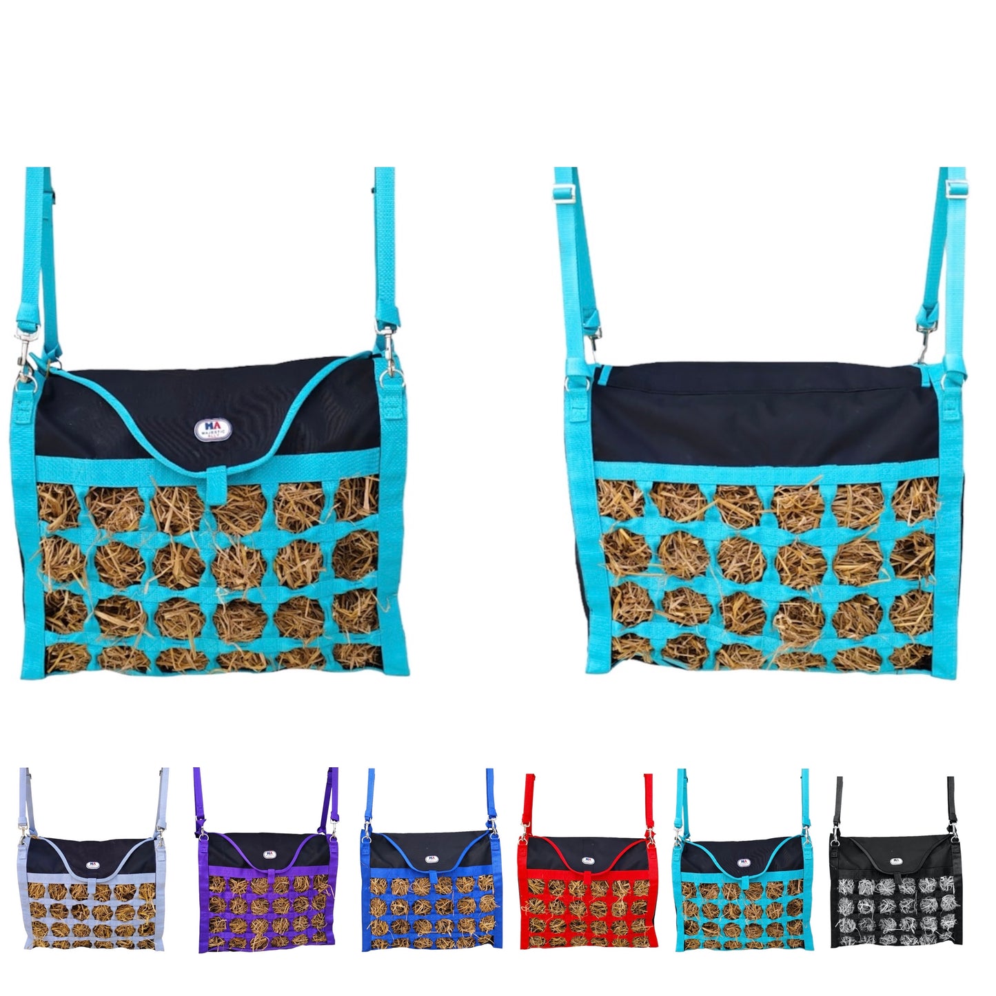 Majestic Ally Double Sided Slow Feed Hay Bag for Horses and Livestock, 2.5" Octagon Holes, Top Load, Adjustable Travel Feeder for Trailer, Stall, Simulates Grazing, Reduces Waste