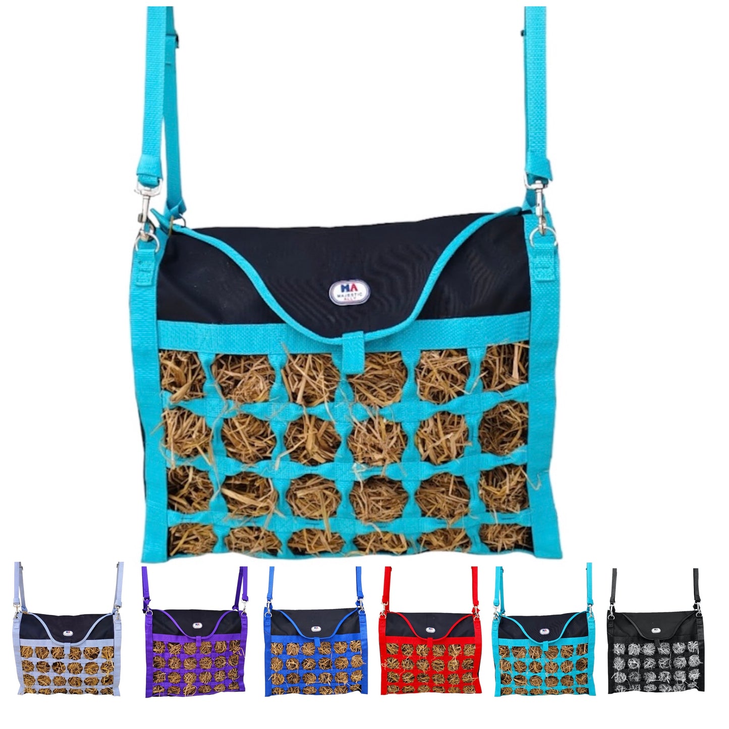 Majestic Ally Double Sided Slow Feed Hay Bag for Horses and Livestock, 2.5" Octagon Holes, Top Load, Adjustable Travel Feeder for Trailer, Stall, Simulates Grazing, Reduces Waste