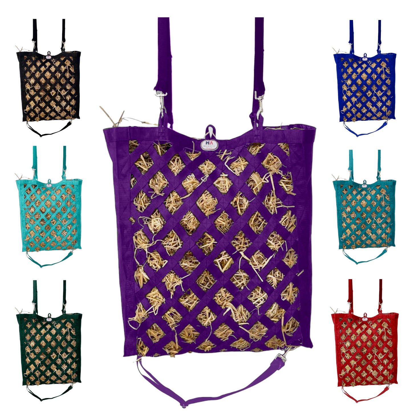 Majestic Ally Slow Feeder Hay Bag - Obliquely Placed Webbing on Front and Bottom- Royal Blue