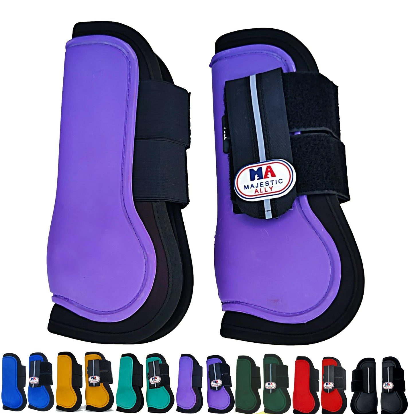 Majestic Ally Horse Leg Protection Fetlock and Tendon Boots Set, PU Shell, Neoprene Lining, Hook and Loop Closures, Multiple Colors and Sizes