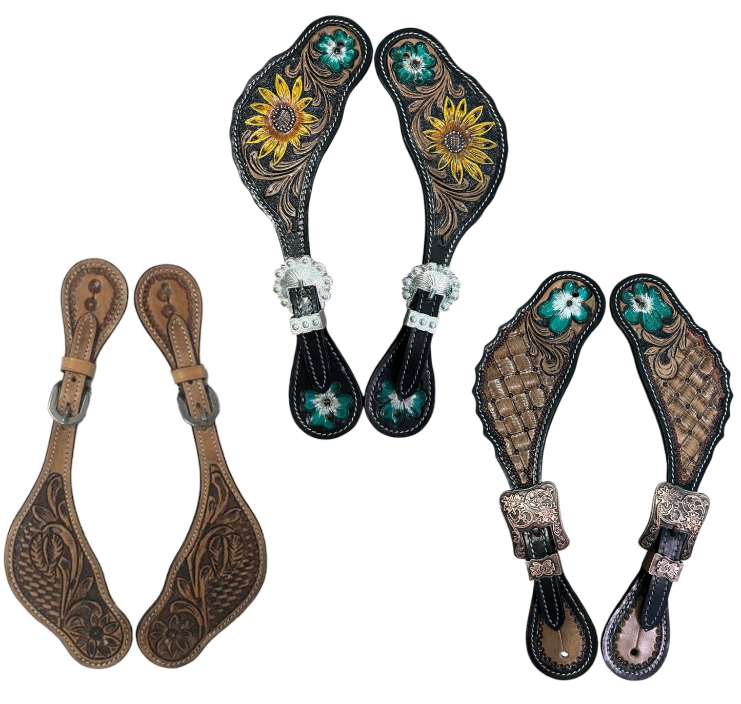 Majestic Ally Cowboy Boots Spur Straps, Pair of Natural Super Leather Antique Hand Tooling Western Spur Straps for Boots for Horse Riding