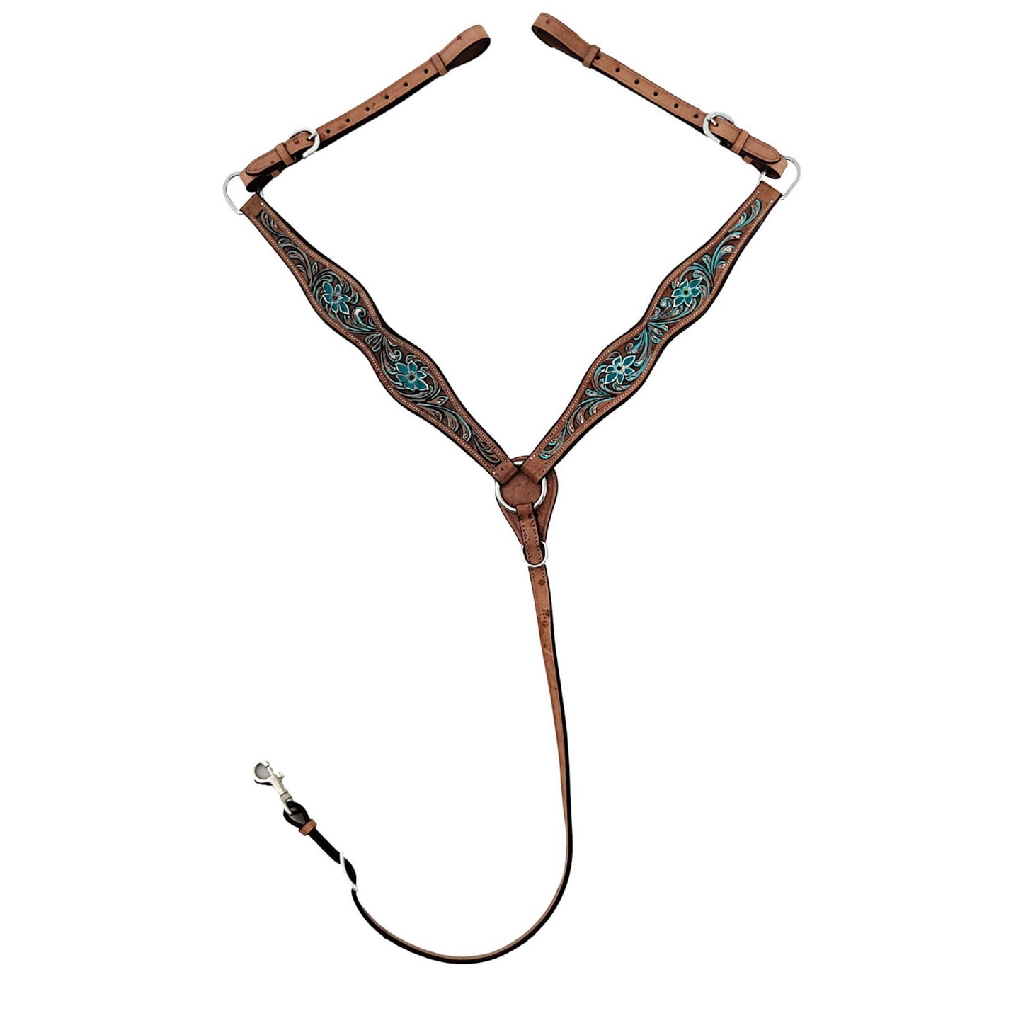 Majestic Ally Western Horse Headstall & Breast Collar Set – Hand Tooled Leather with Turquoise Floral Design