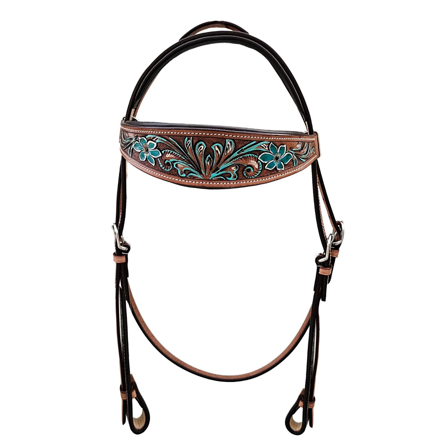 Majestic Ally Western Horse Headstall & Breast Collar Set – Hand Tooled Leather with Turquoise Floral Design