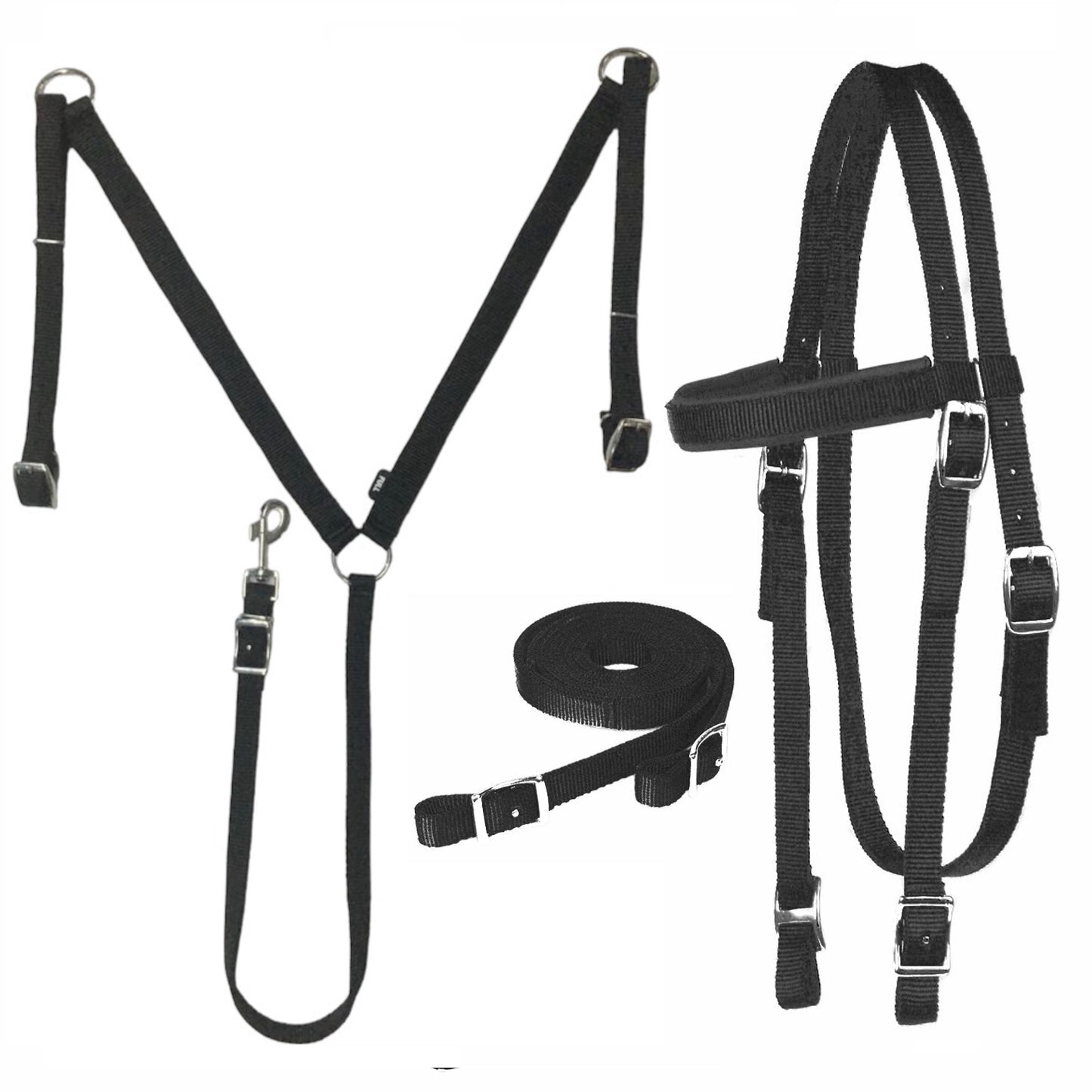 Majestic Ally Nylon Padded Equestrian Browband Headstall, Reins & BreastCollar Set for Horse- Full