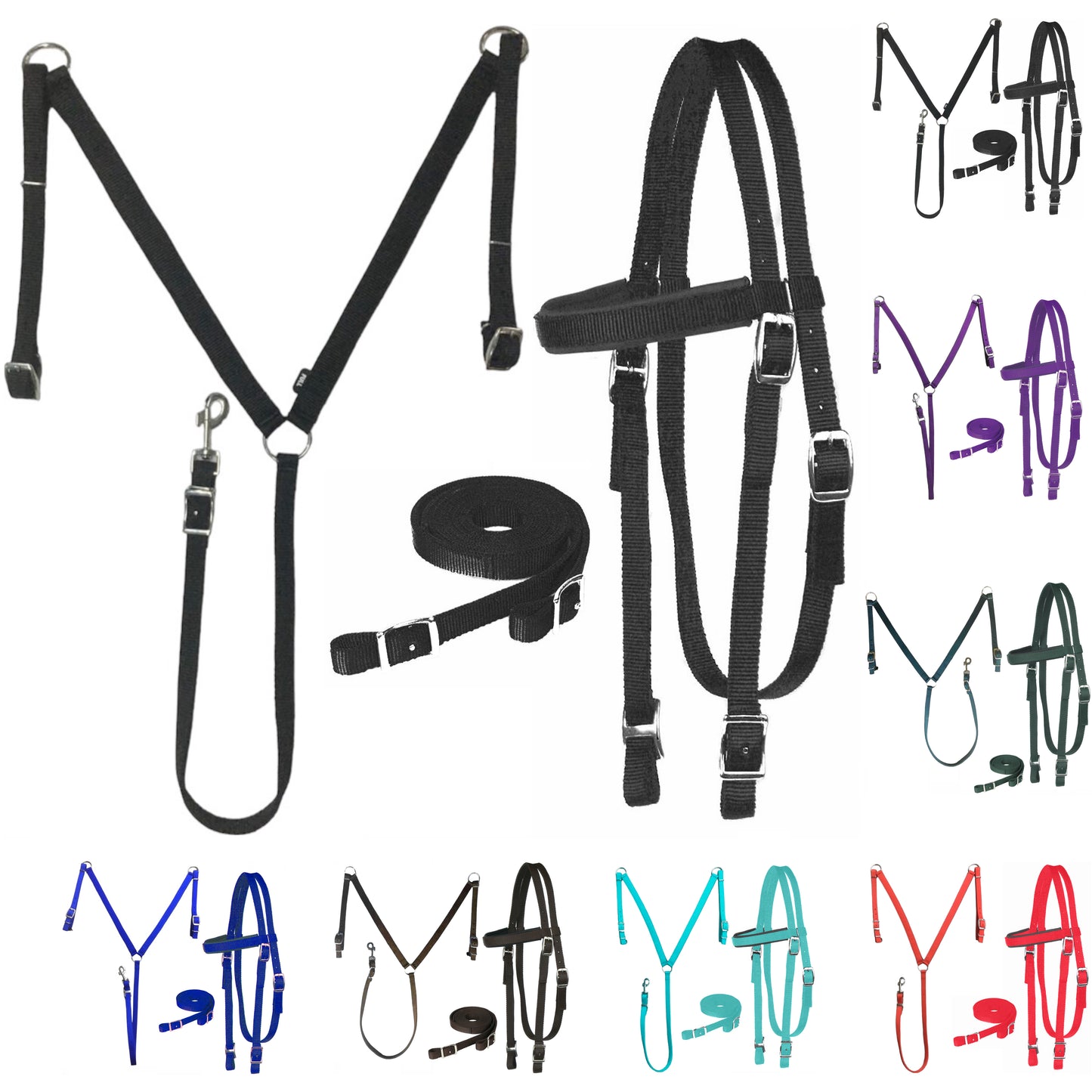 Majestic Ally Nylon Padded Equestrian Browband Headstall, Reins & BreastCollar Set for Horse- Full