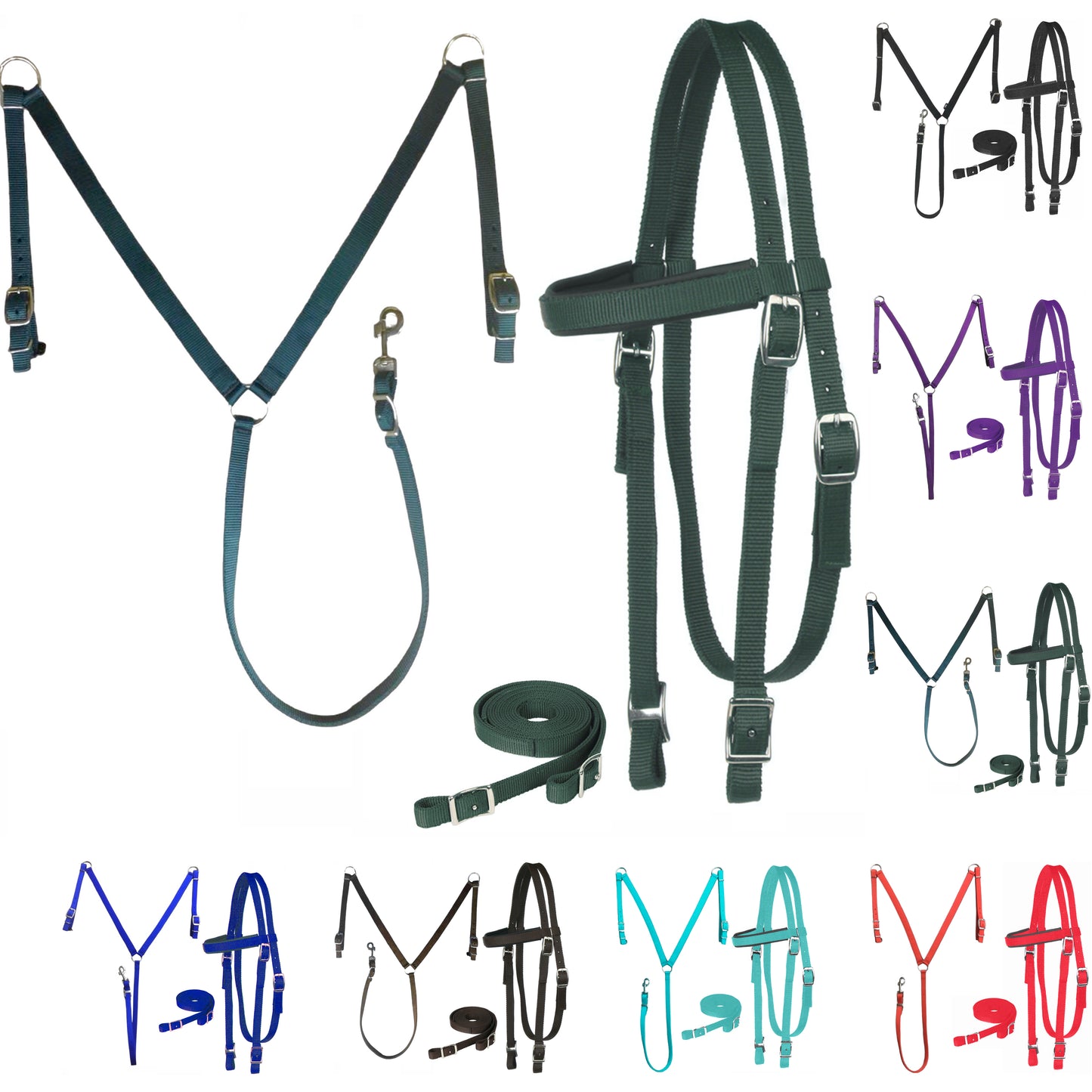 Majestic Ally Nylon Padded Equestrian Browband Headstall, Reins & BreastCollar Set for Horse- Full
