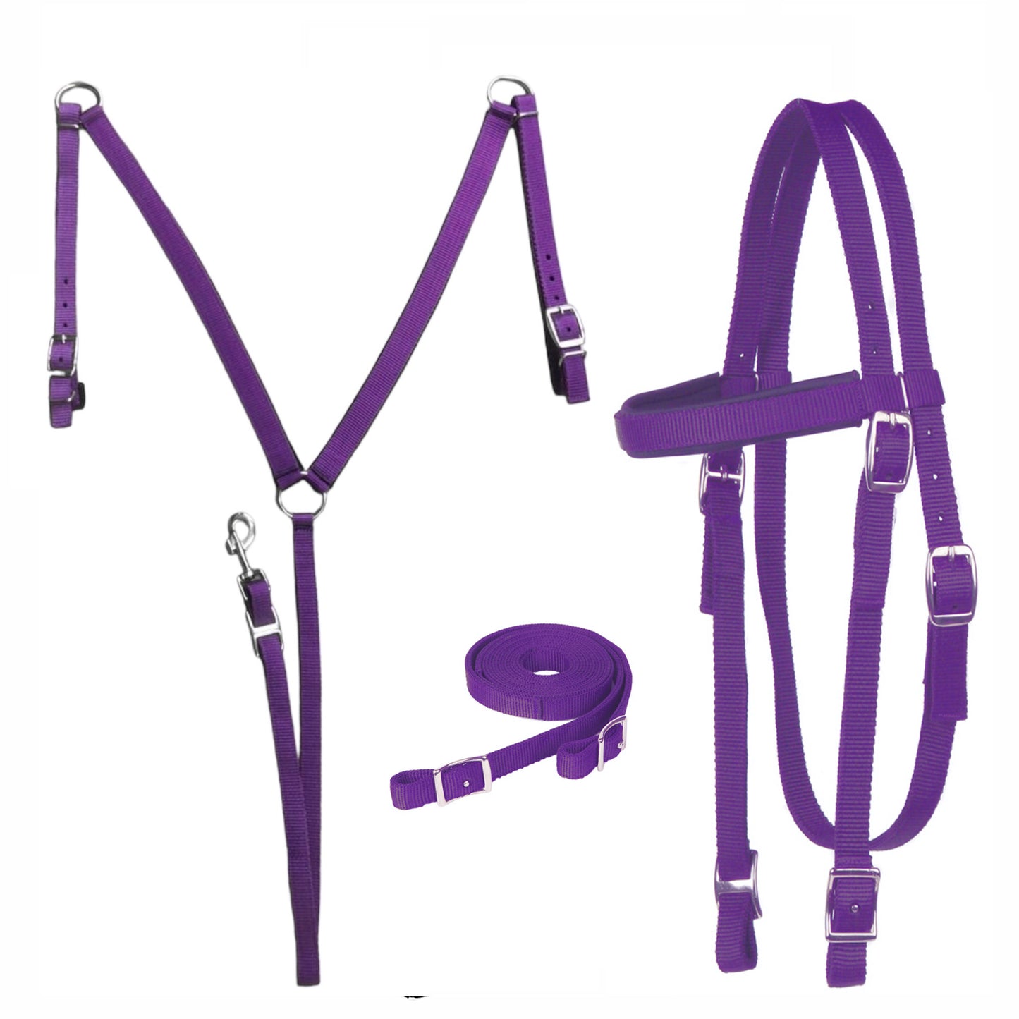 Majestic Ally Nylon Padded Equestrian Browband Headstall, Reins & BreastCollar Set for Horse- Full