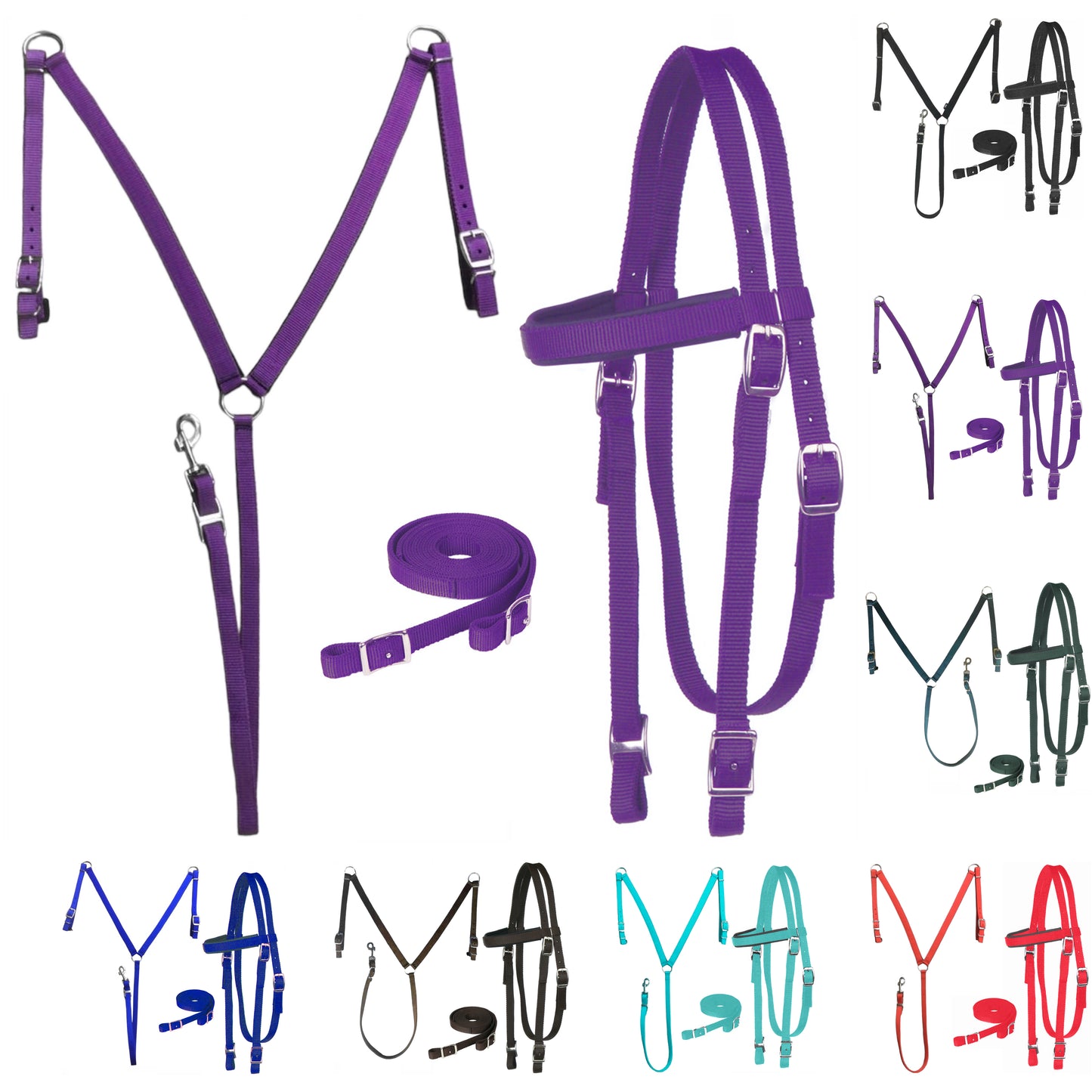 Majestic Ally Nylon Padded Equestrian Browband Headstall, Reins & BreastCollar Set for Horse- Full