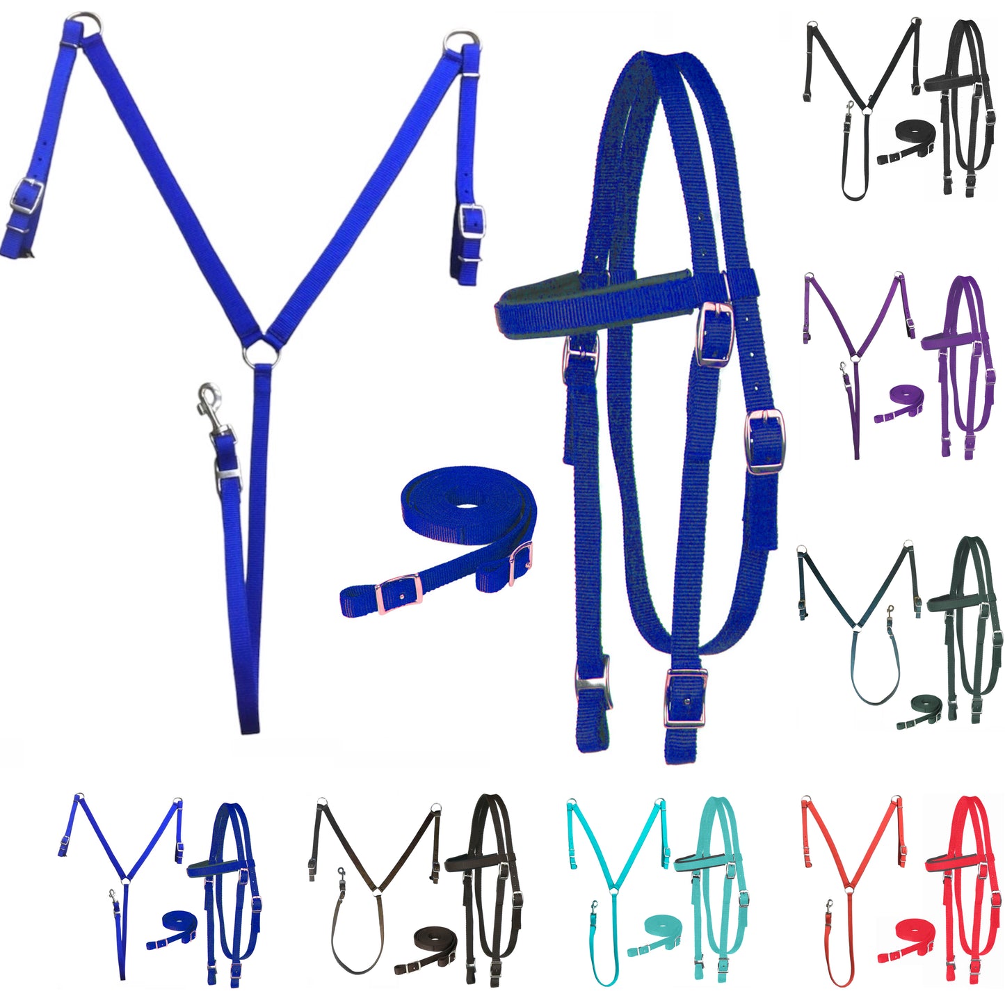Majestic Ally Nylon Padded Equestrian Browband Headstall, Reins & BreastCollar Set for Horse- Full