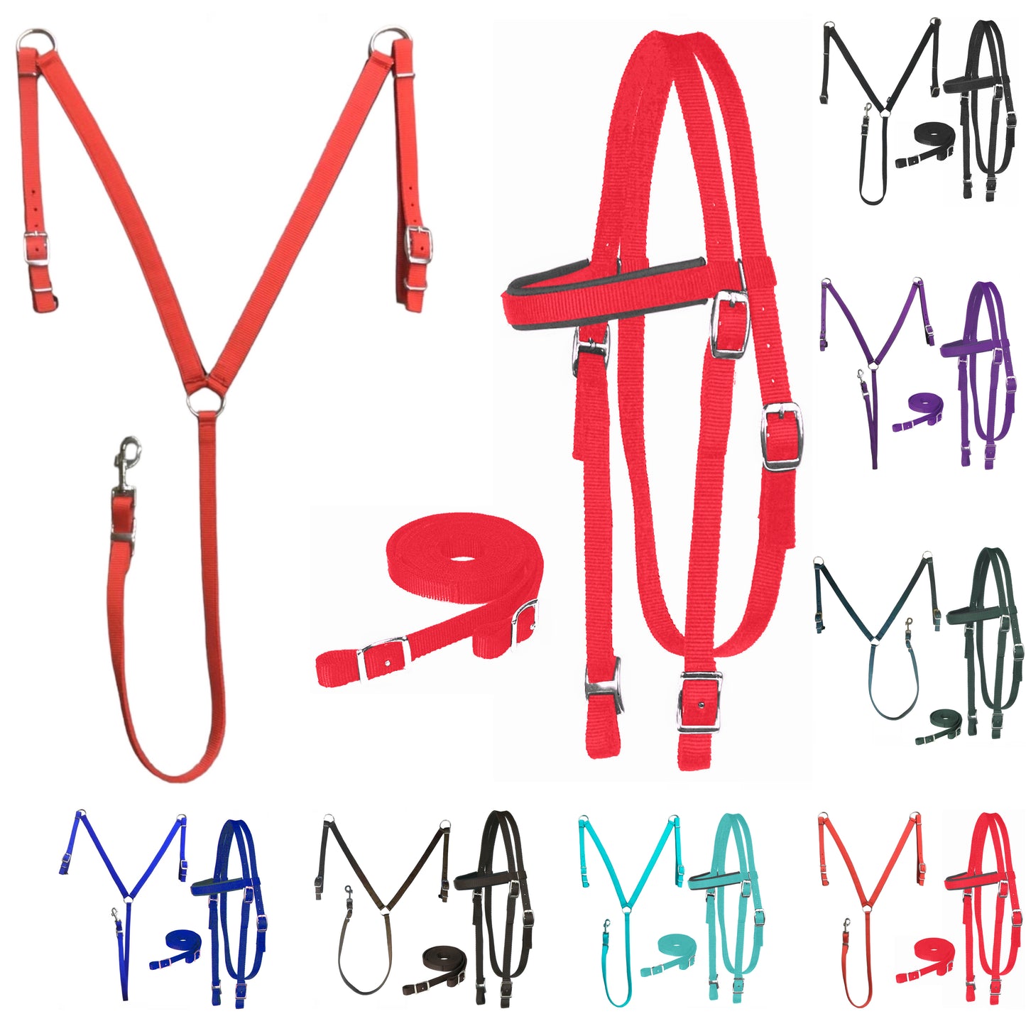 Majestic Ally Nylon Padded Equestrian Browband Headstall, Reins & BreastCollar Set for Horse- Full