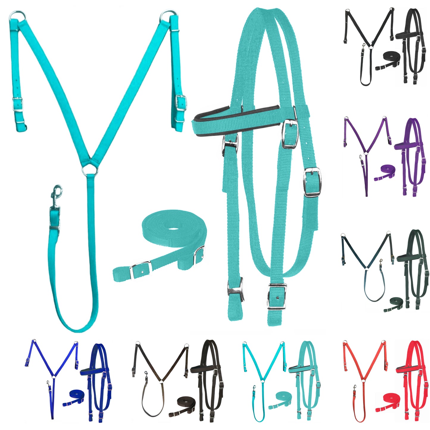 Majestic Ally Nylon Padded Equestrian Browband Headstall, Reins & BreastCollar Set for Horse- Full