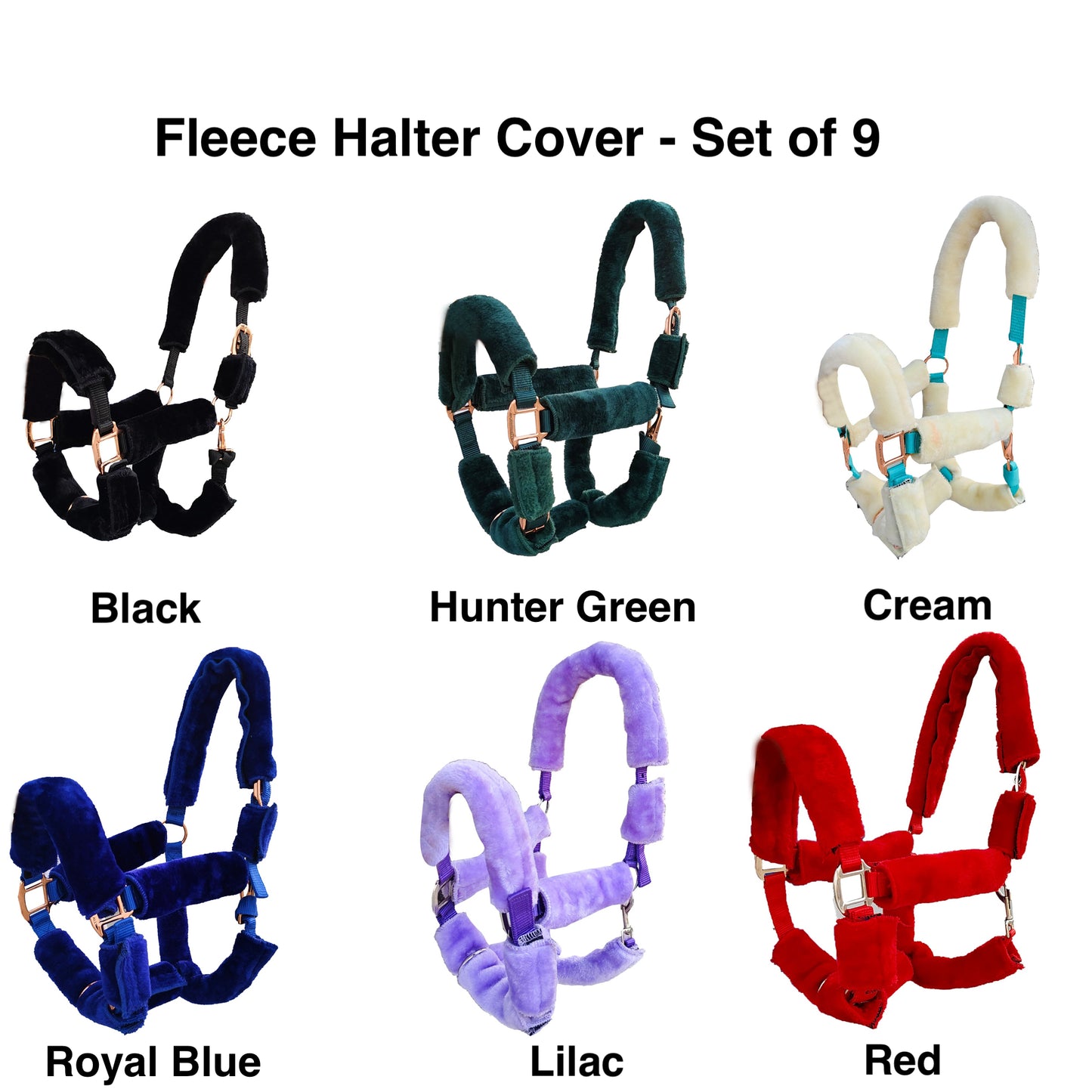Majestic Ally Horse Halter Fleece Cover Set – Soft Padded Protection for Crown, Noseband, Cheeks & Chin – Full Size, Set of 4 or 9
