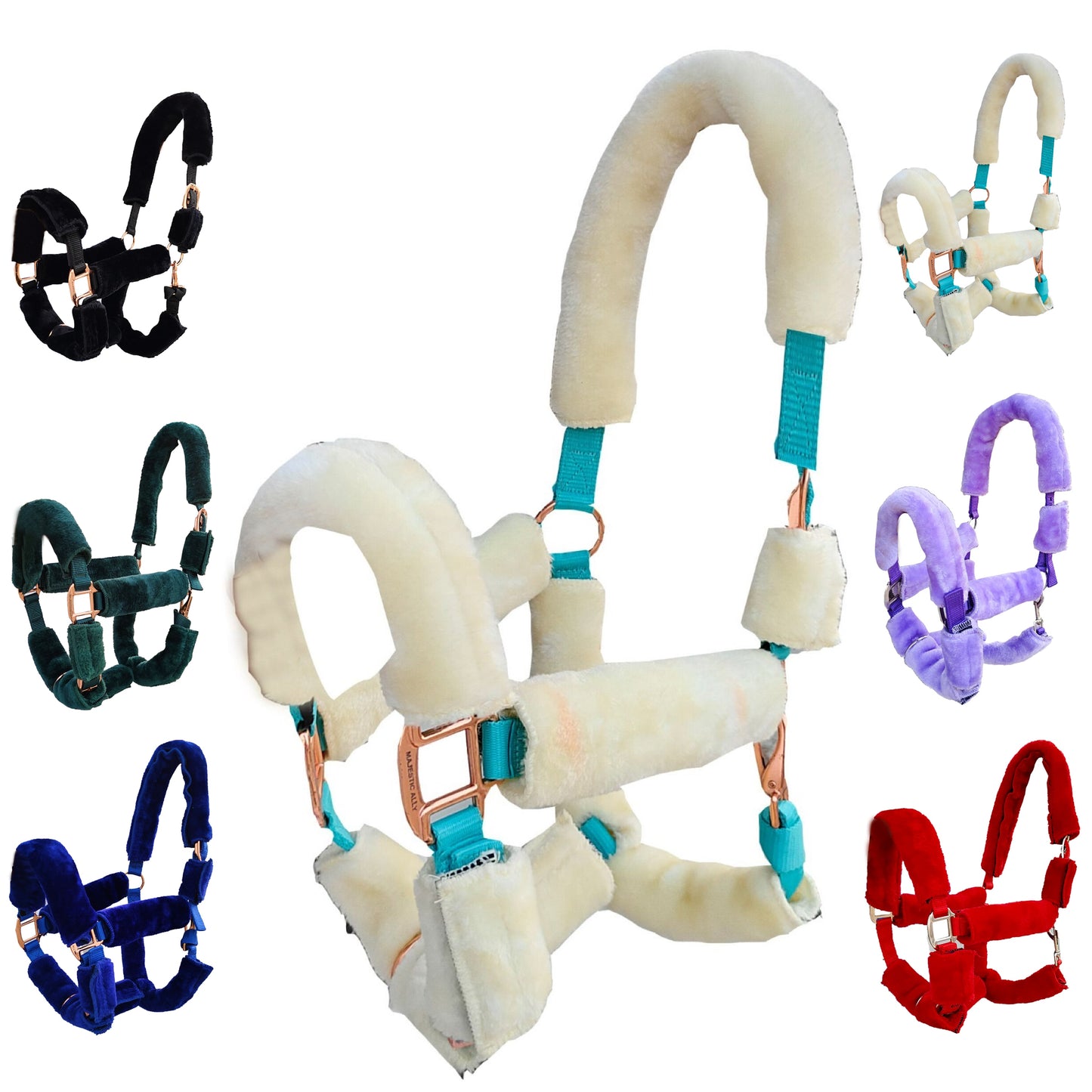 Majestic Ally Horse Halter Fleece Cover Set – Soft Padded Protection for Crown, Noseband, Cheeks & Chin – Full Size, Set of 4 or 9