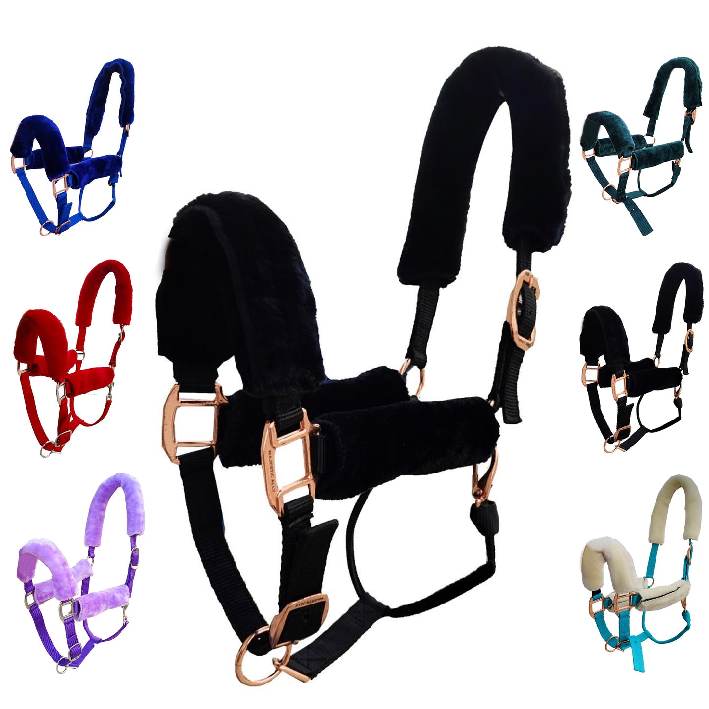 Majestic Ally Horse Halter Fleece Cover Set – Soft Padded Protection for Crown, Noseband, Cheeks & Chin – Full Size, Set of 4 or 9