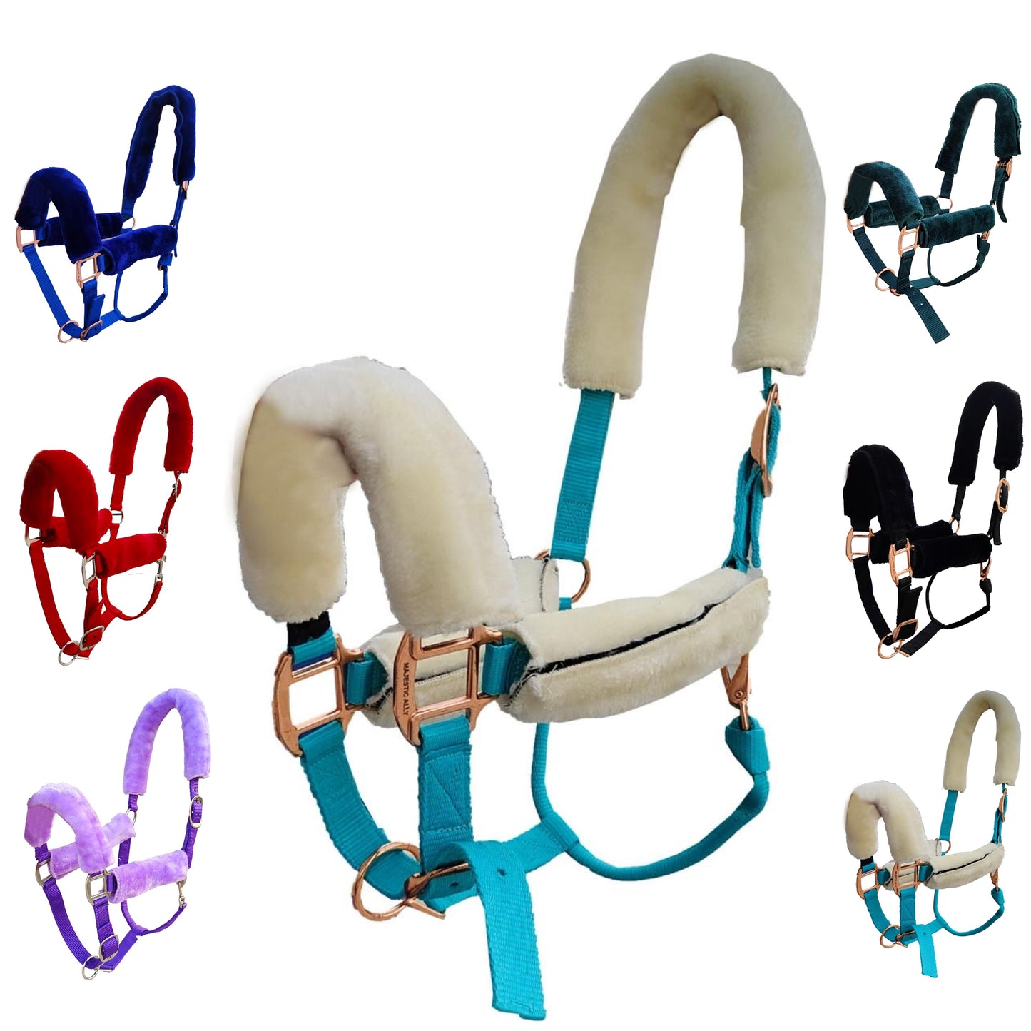 Majestic Ally Horse Halter Fleece Cover Set – Soft Padded Protection for Crown, Noseband, Cheeks & Chin – Full Size, Set of 4 or 9