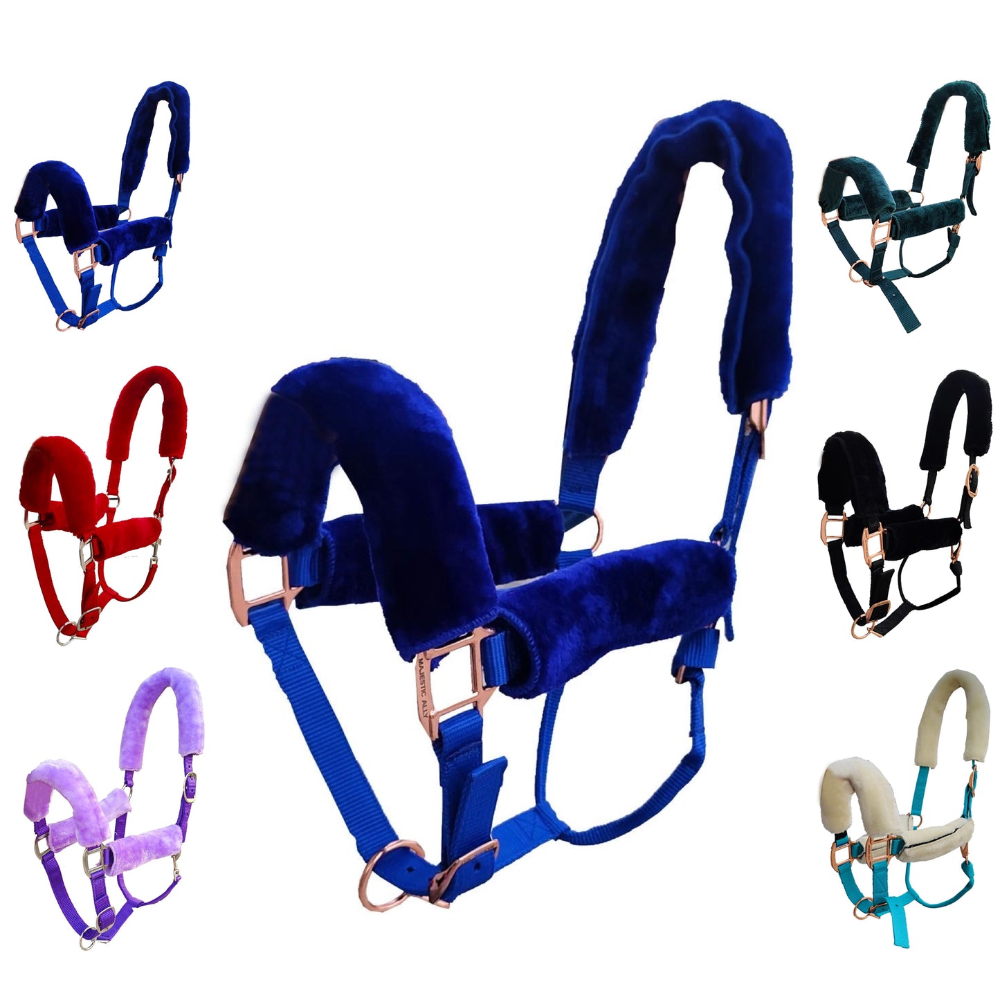 Majestic Ally Horse Halter Fleece Cover Set – Soft Padded Protection for Crown, Noseband, Cheeks & Chin – Full Size, Set of 4 or 9