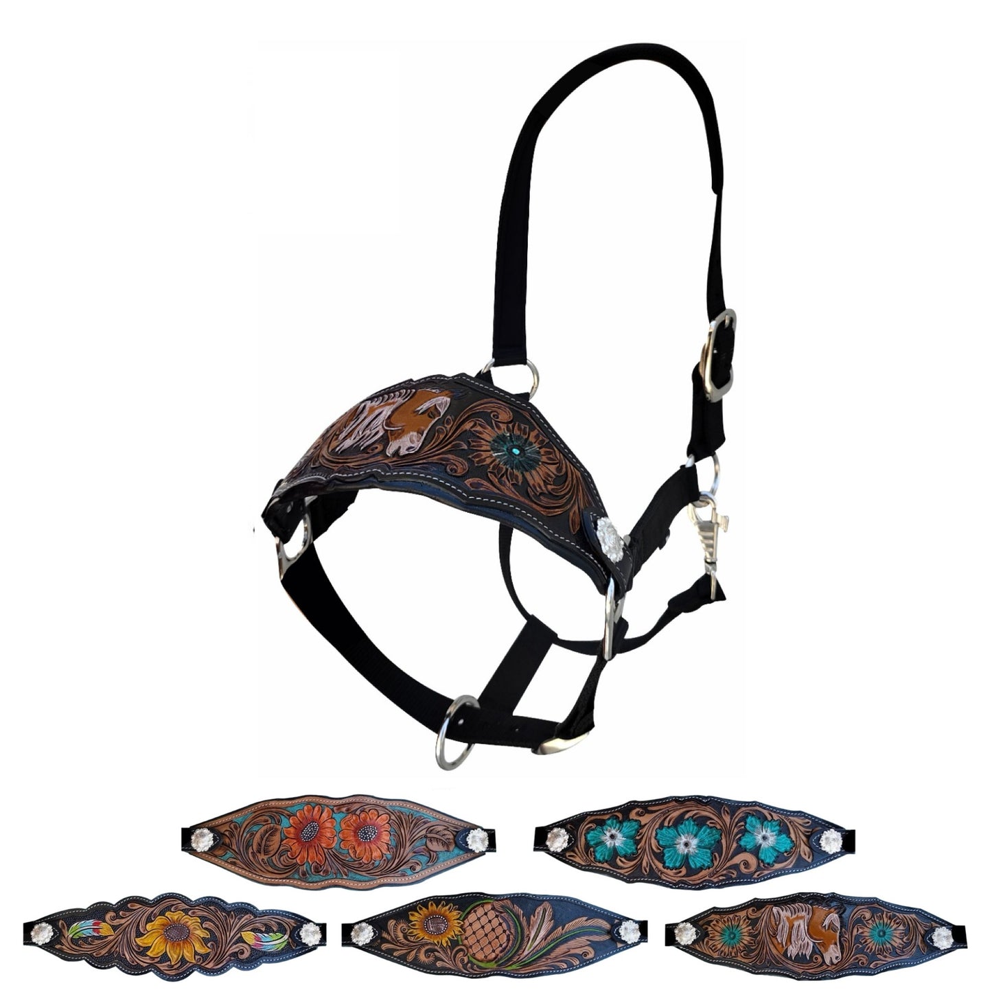 Majestic Ally Equestrian Designer Bronc Halter for Horses, Hand-Tooled Leather Nose, Padded Nylon Crown and Noseband