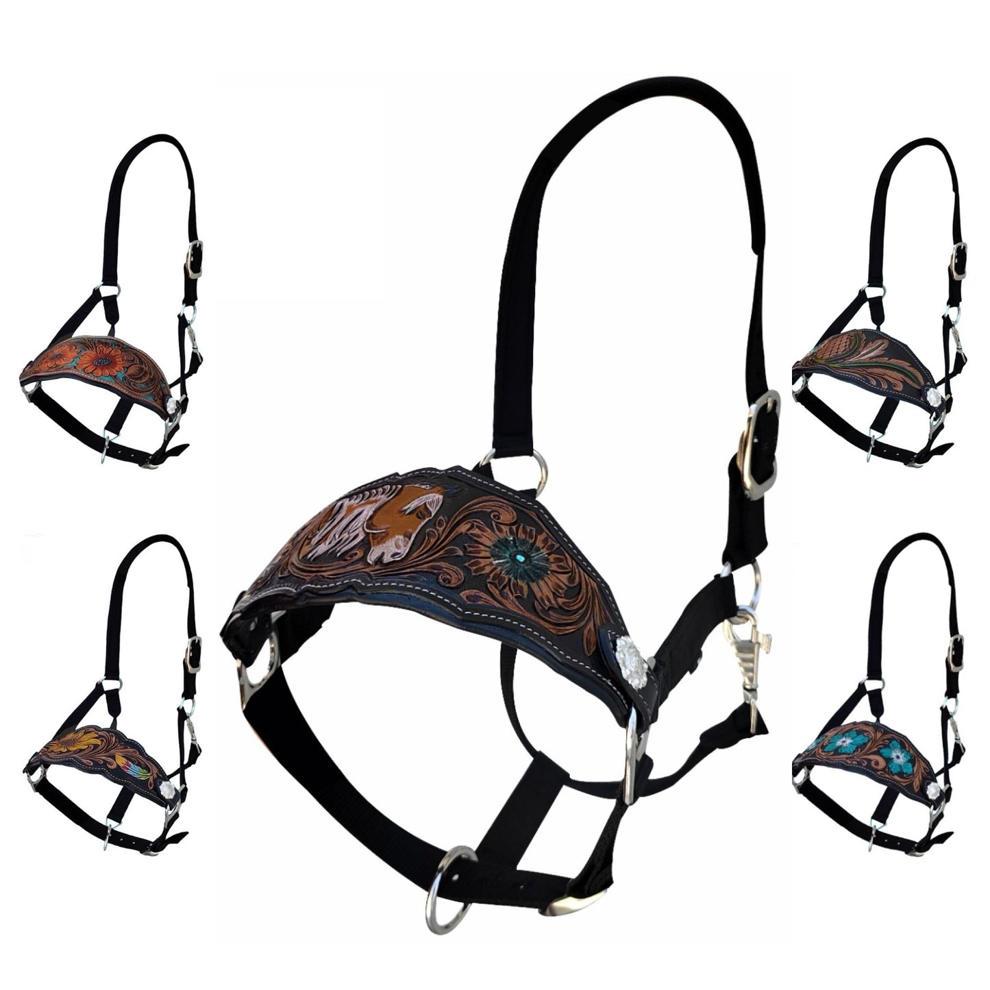 Majestic Ally Equestrian Designer Bronc Halter for Horses, Hand-Tooled Leather Nose, Padded Nylon Crown and Noseband