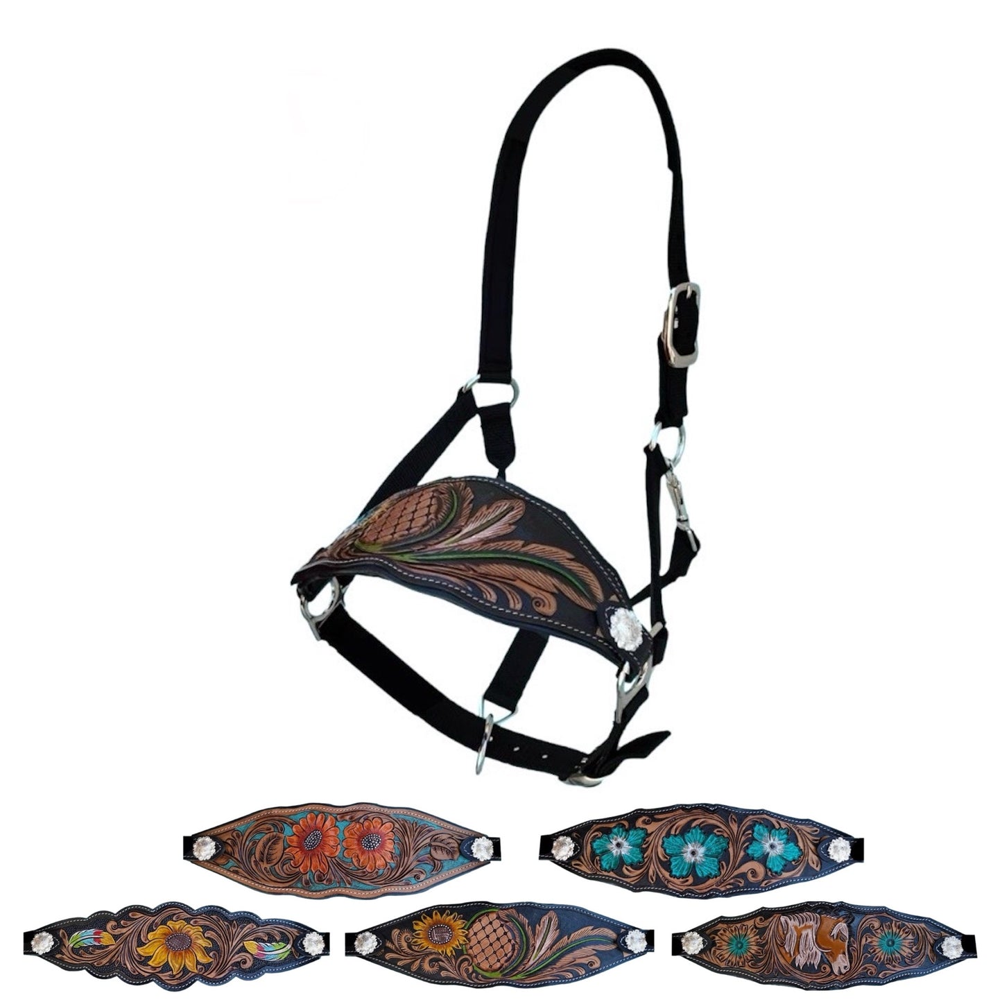Majestic Ally Equestrian Designer Bronc Halter for Horses, Hand-Tooled Leather Nose, Padded Nylon Crown and Noseband