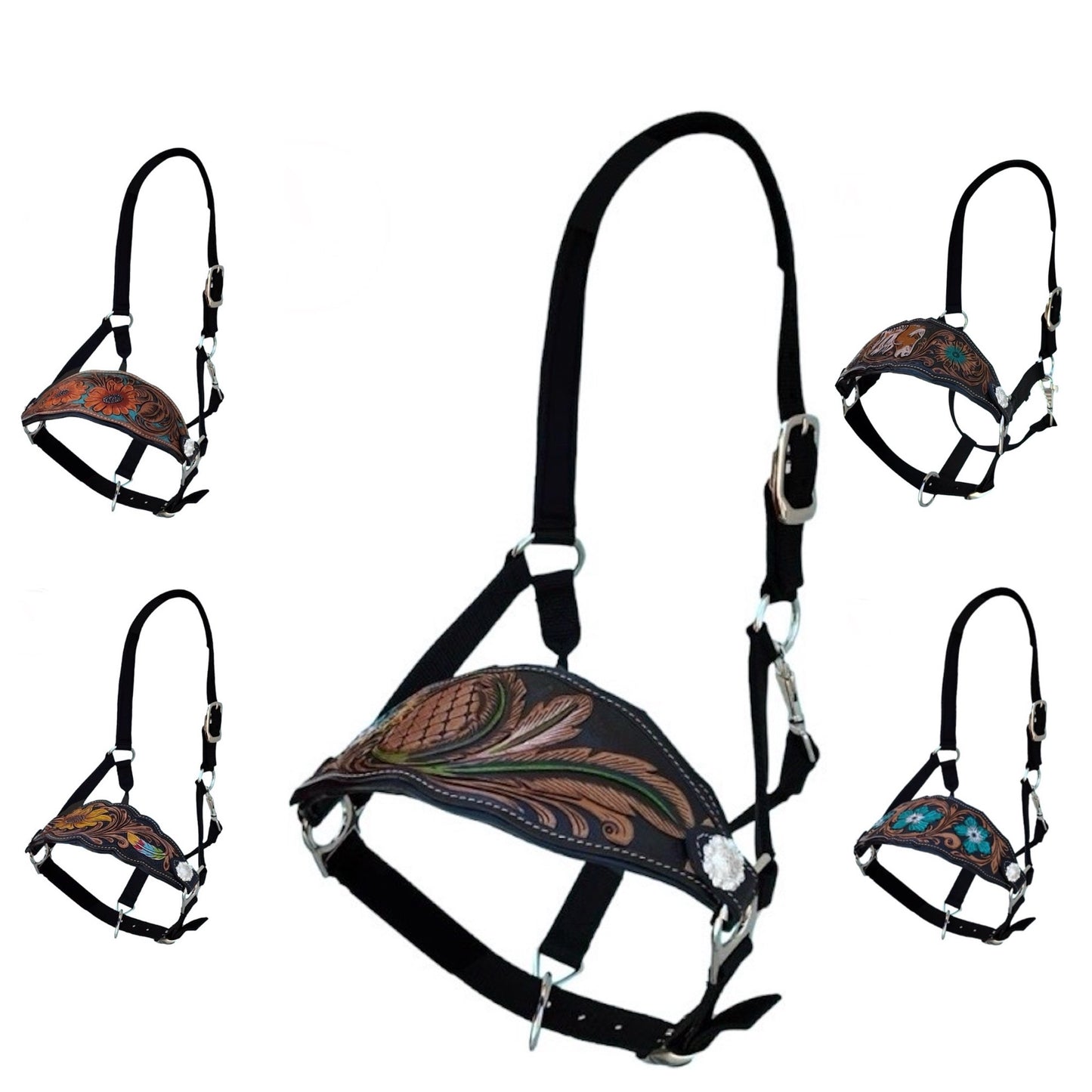 Majestic Ally Equestrian Designer Bronc Halter for Horses, Hand-Tooled Leather Nose, Padded Nylon Crown and Noseband