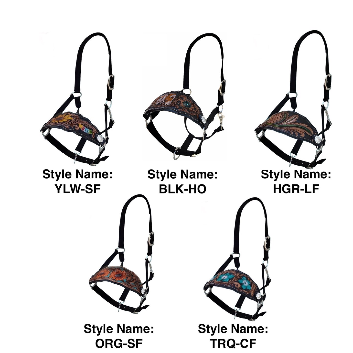Majestic Ally Equestrian Designer Bronc Halter for Horses, Hand-Tooled Leather Nose, Padded Nylon Crown and Noseband