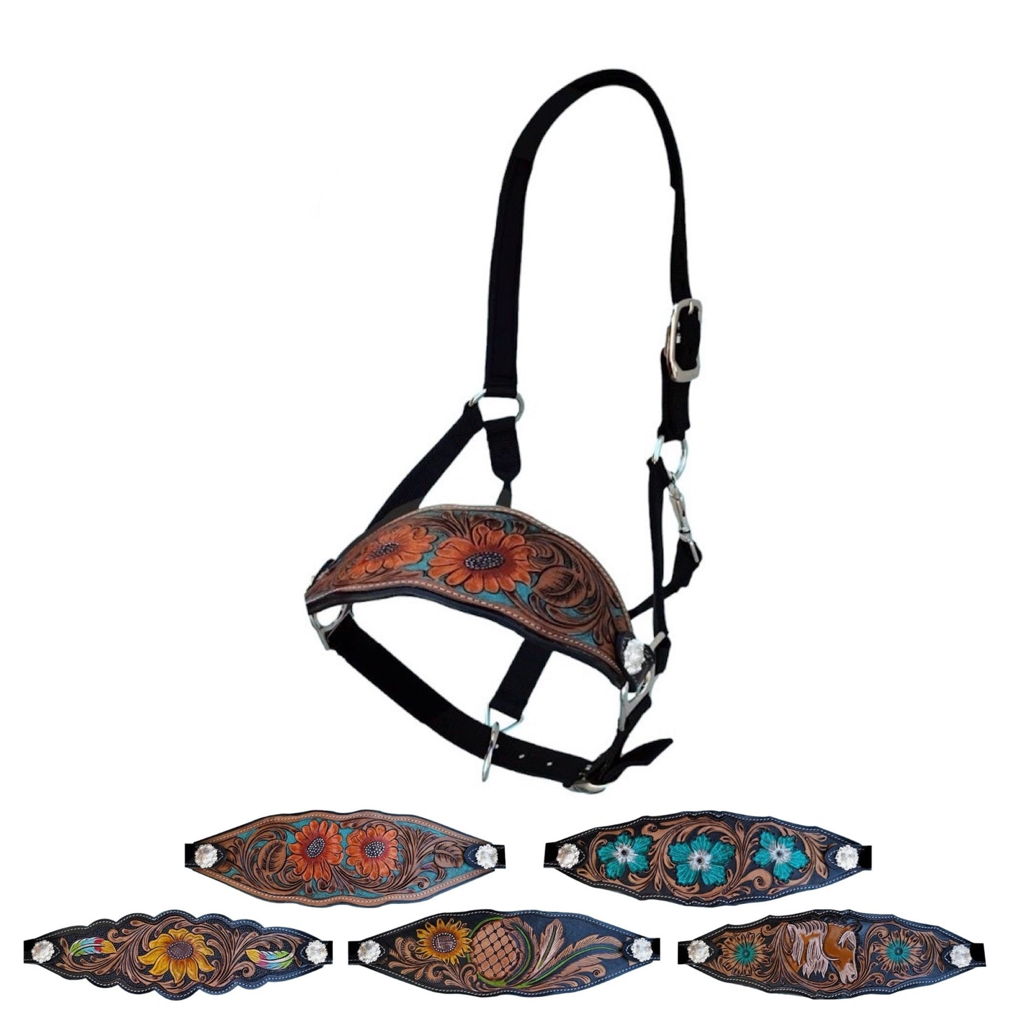 Majestic Ally Equestrian Designer Bronc Halter for Horses, Hand-Tooled Leather Nose, Padded Nylon Crown and Noseband