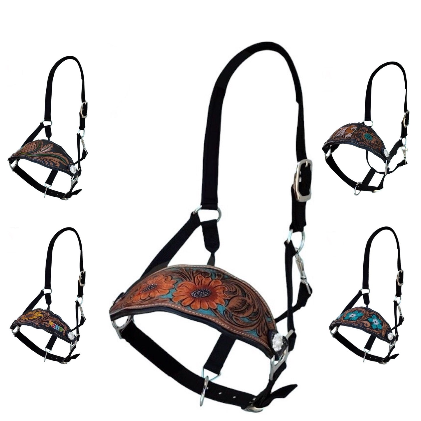 Majestic Ally Equestrian Designer Bronc Halter for Horses, Hand-Tooled Leather Nose, Padded Nylon Crown and Noseband