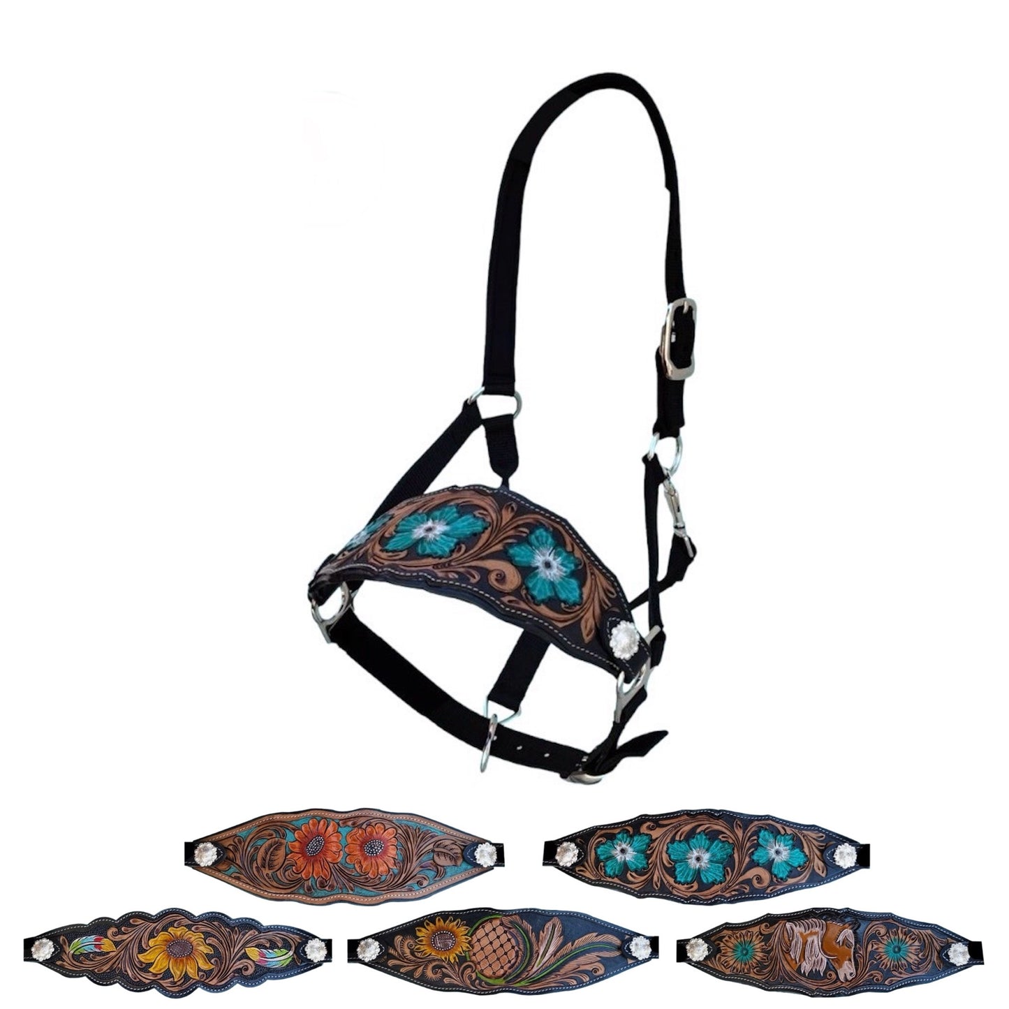 Majestic Ally Equestrian Designer Bronc Halter for Horses, Hand-Tooled Leather Nose, Padded Nylon Crown and Noseband