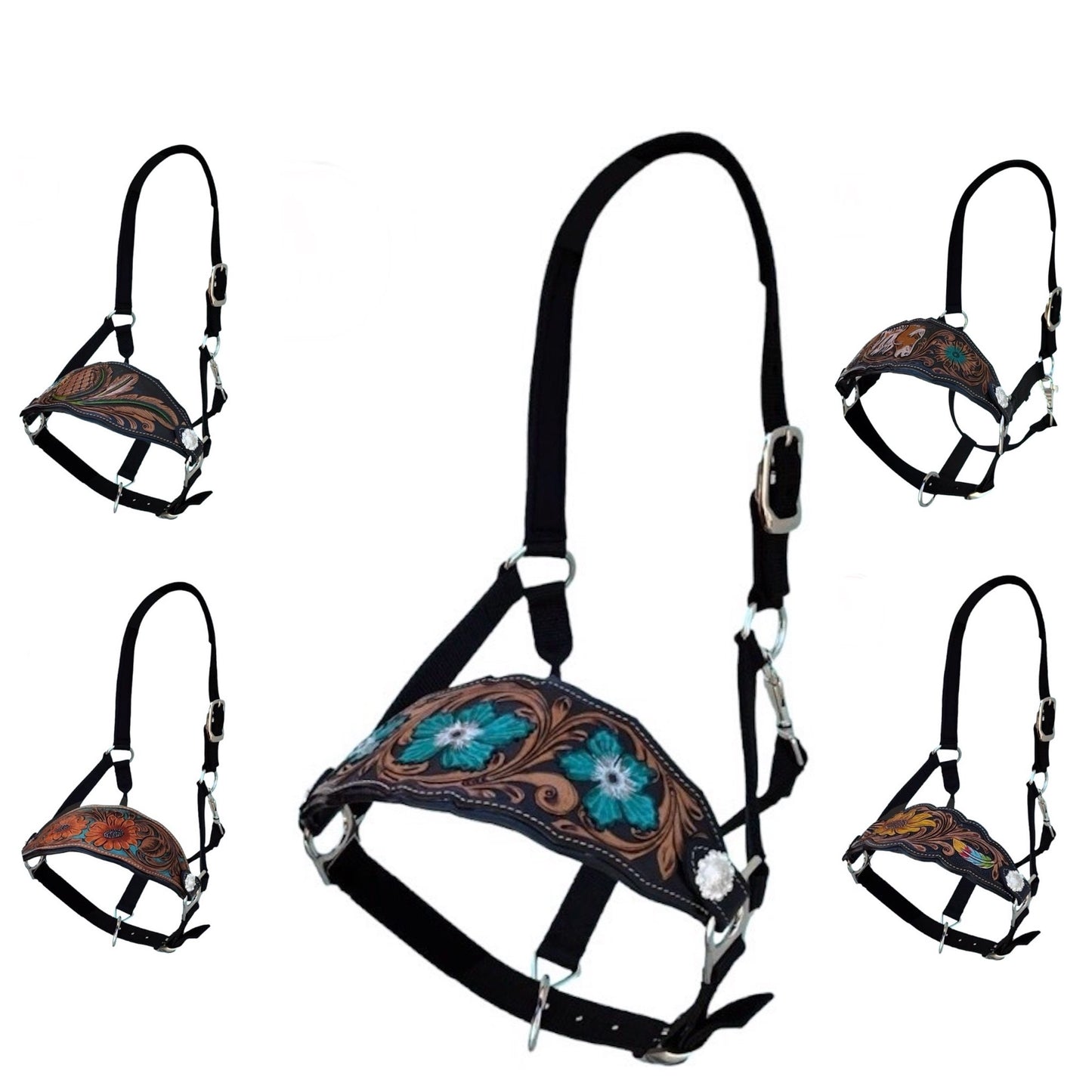 Majestic Ally Equestrian Designer Bronc Halter for Horses, Hand-Tooled Leather Nose, Padded Nylon Crown and Noseband