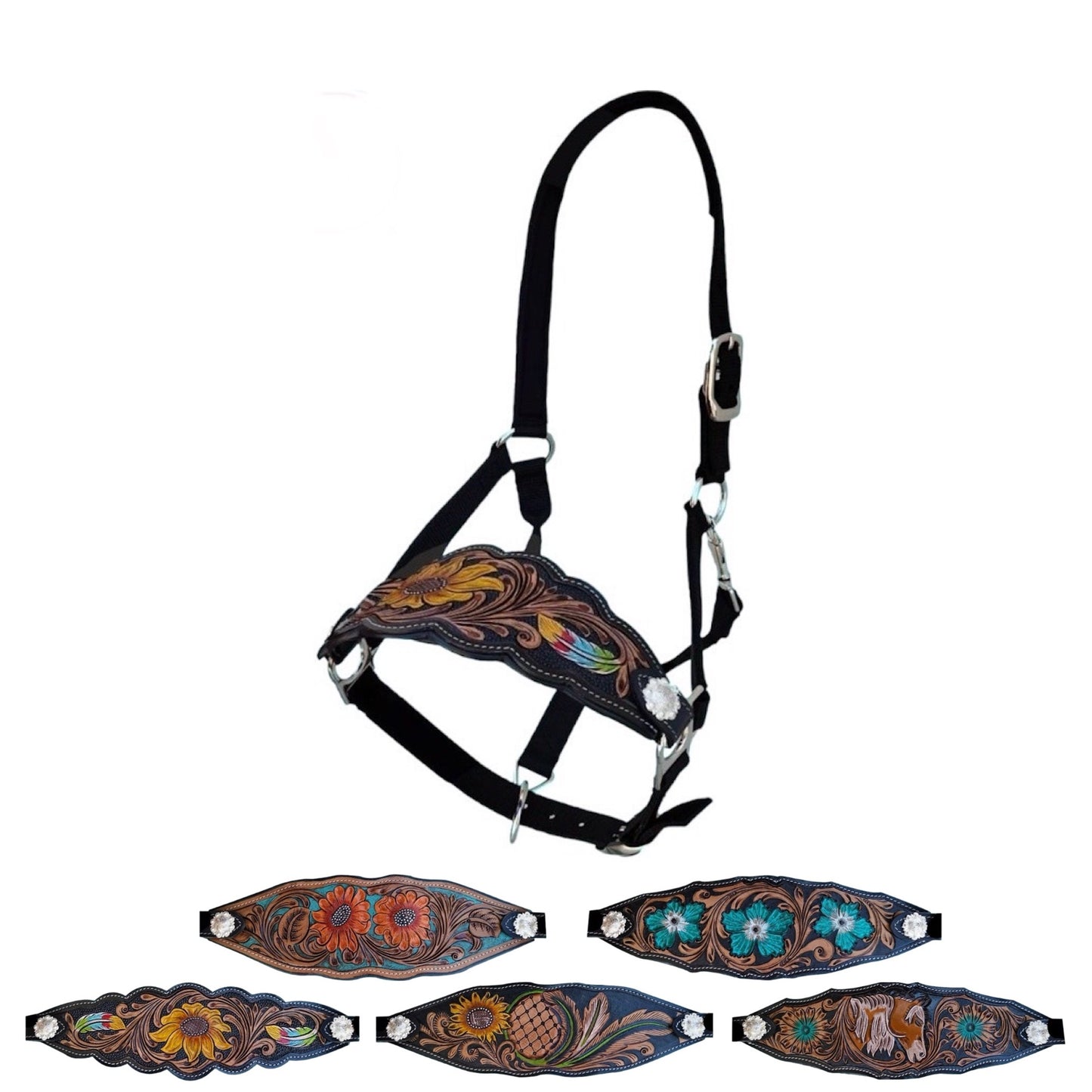Majestic Ally Equestrian Designer Bronc Halter for Horses, Hand-Tooled Leather Nose, Padded Nylon Crown and Noseband