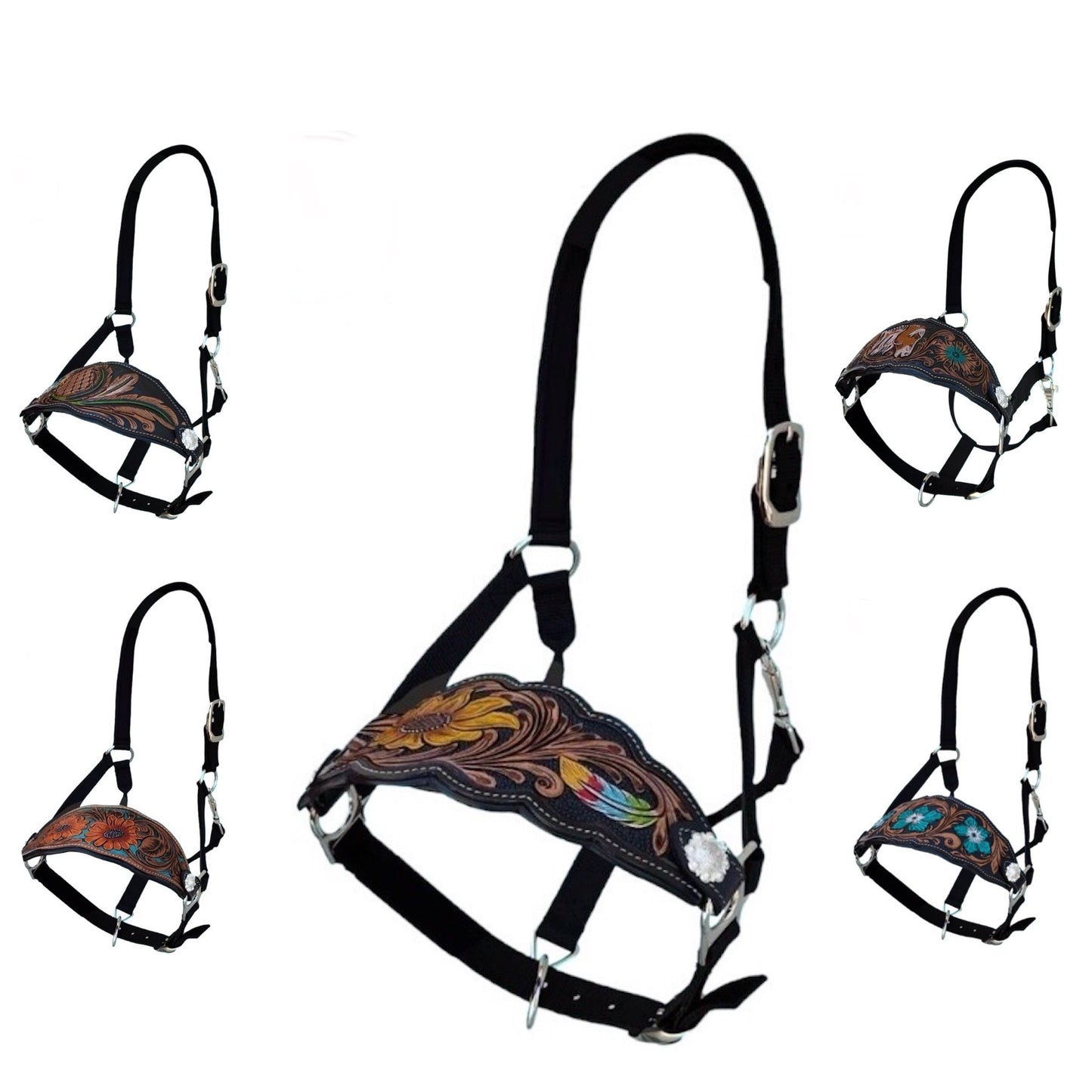 Majestic Ally Equestrian Designer Bronc Halter for Horses, Hand-Tooled Leather Nose, Padded Nylon Crown and Noseband