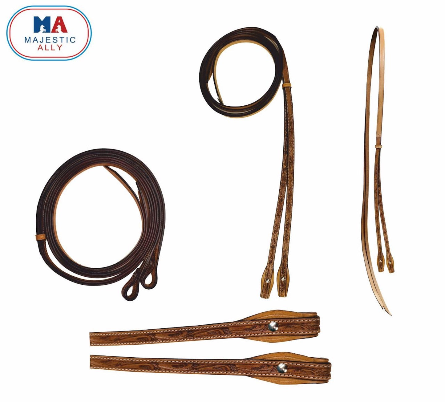Majestic Ally Tooled Leather Reins – 8 ft Long, 5/8” Wide | Western Riding Split Reins for Horses