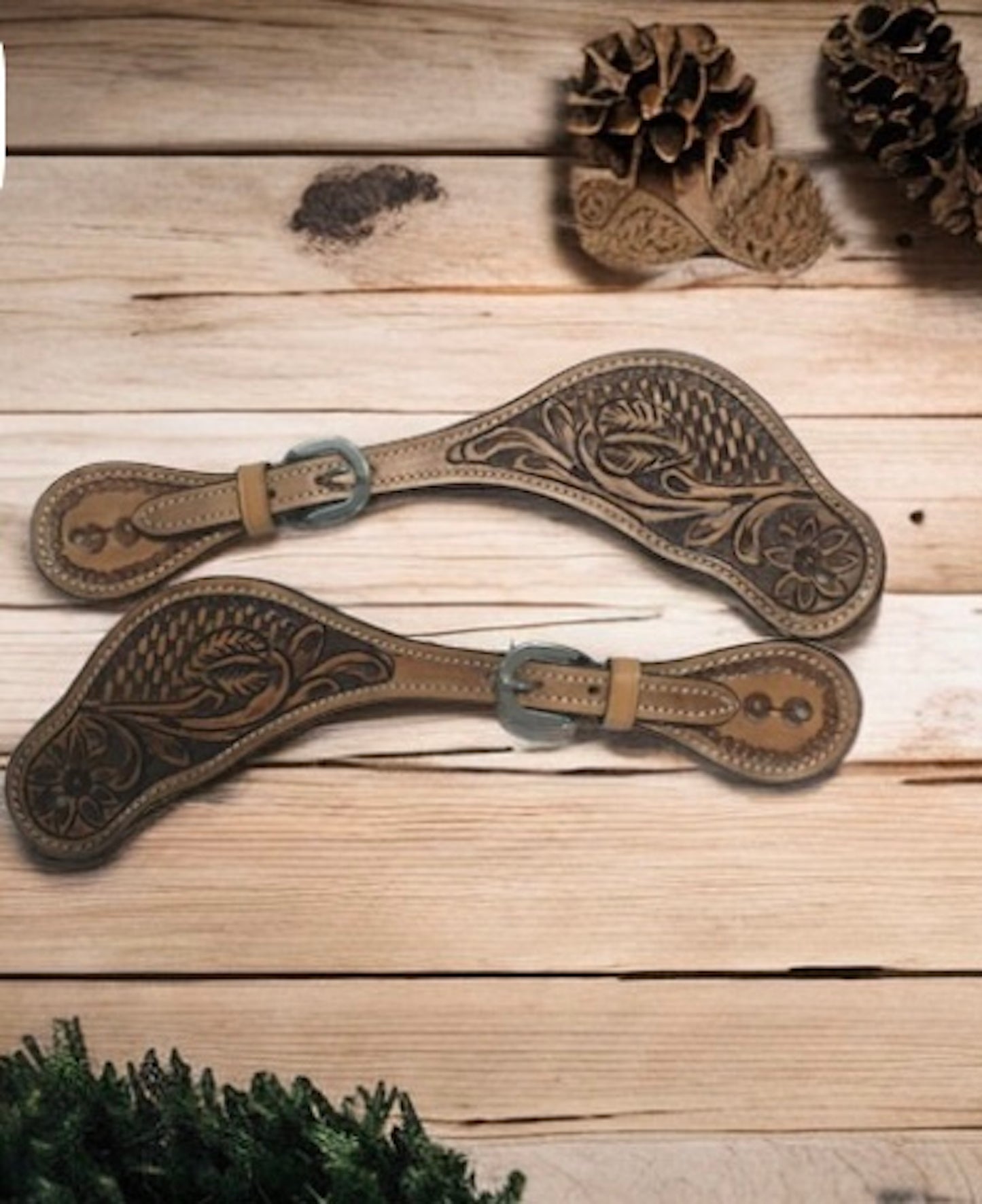 Majestic Ally Cowboy Boots Spur Straps, Pair of Natural Super Leather Antique Hand Tooling Western Spur Straps for Boots for Horse Riding