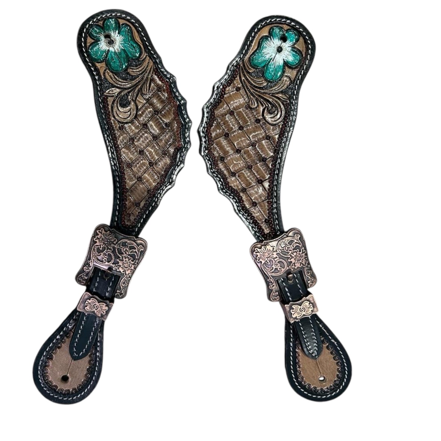 Majestic Ally Cowboy Boots Spur Straps, Pair of Natural Super Leather Antique Hand Tooling Western Spur Straps for Boots for Horse Riding