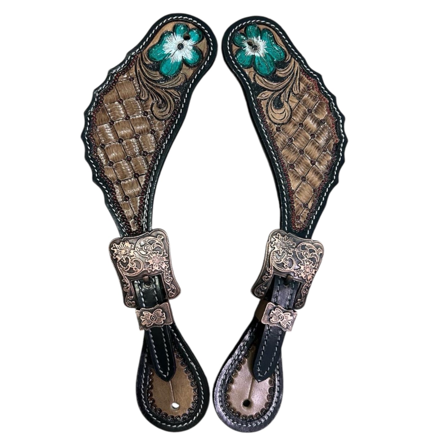 Majestic Ally Cowboy Boots Spur Straps, Pair of Natural Super Leather Antique Hand Tooling Western Spur Straps for Boots for Horse Riding