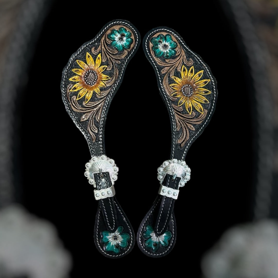 Majestic Ally Cowboy Boots Spur Straps, Pair of Natural Super Leather Antique Hand Tooling Western Spur Straps for Boots for Horse Riding