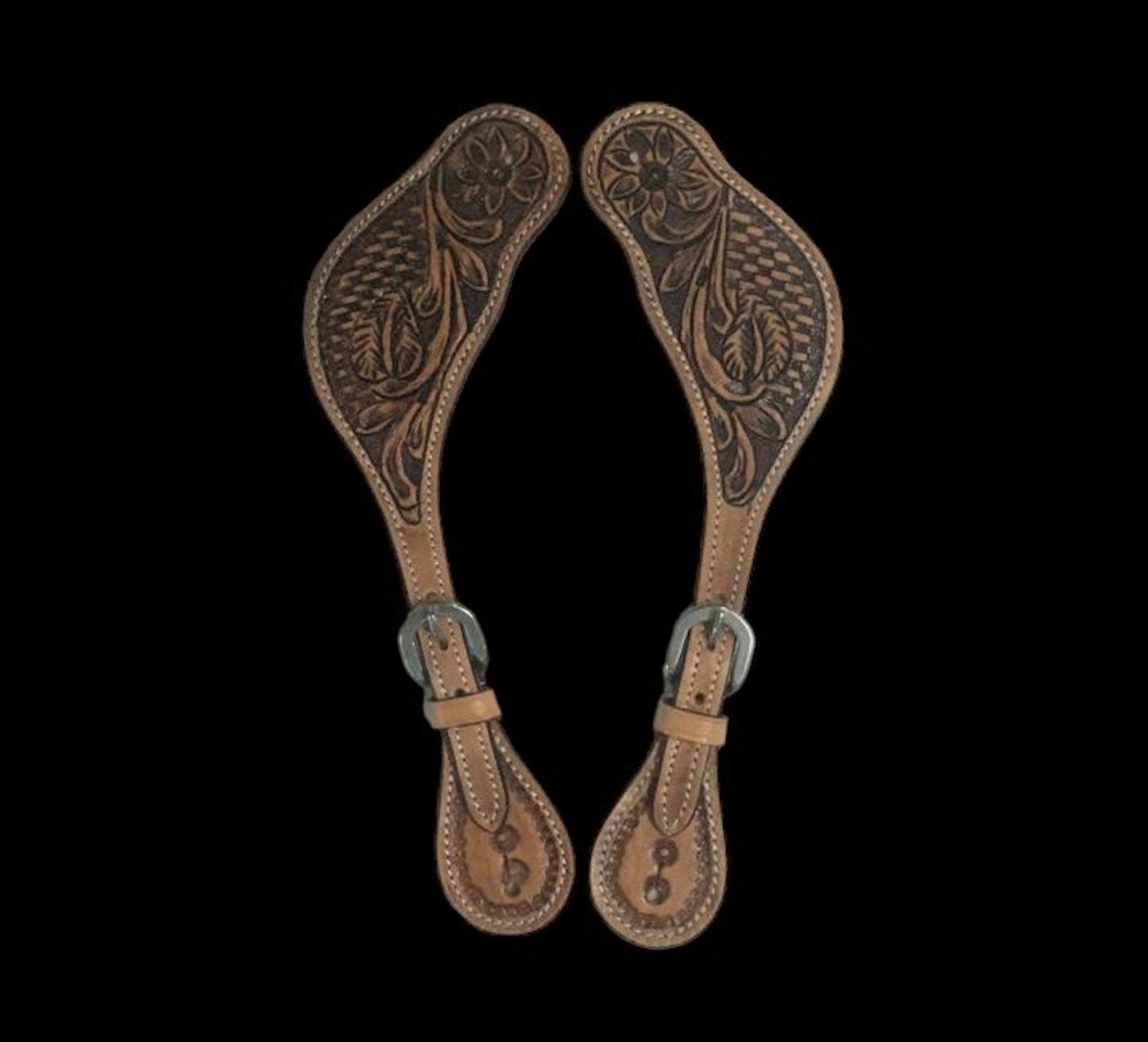 Majestic Ally Cowboy Boots Spur Straps, Pair of Natural Super Leather Antique Hand Tooling Western Spur Straps for Boots for Horse Riding