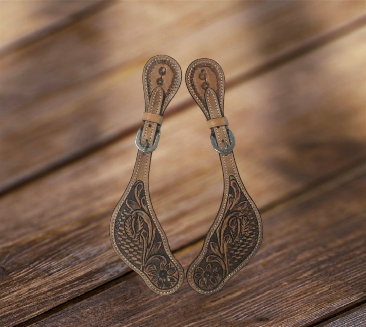Majestic Ally Cowboy Boots Spur Straps, Pair of Natural Super Leather Antique Hand Tooling Western Spur Straps for Boots for Horse Riding
