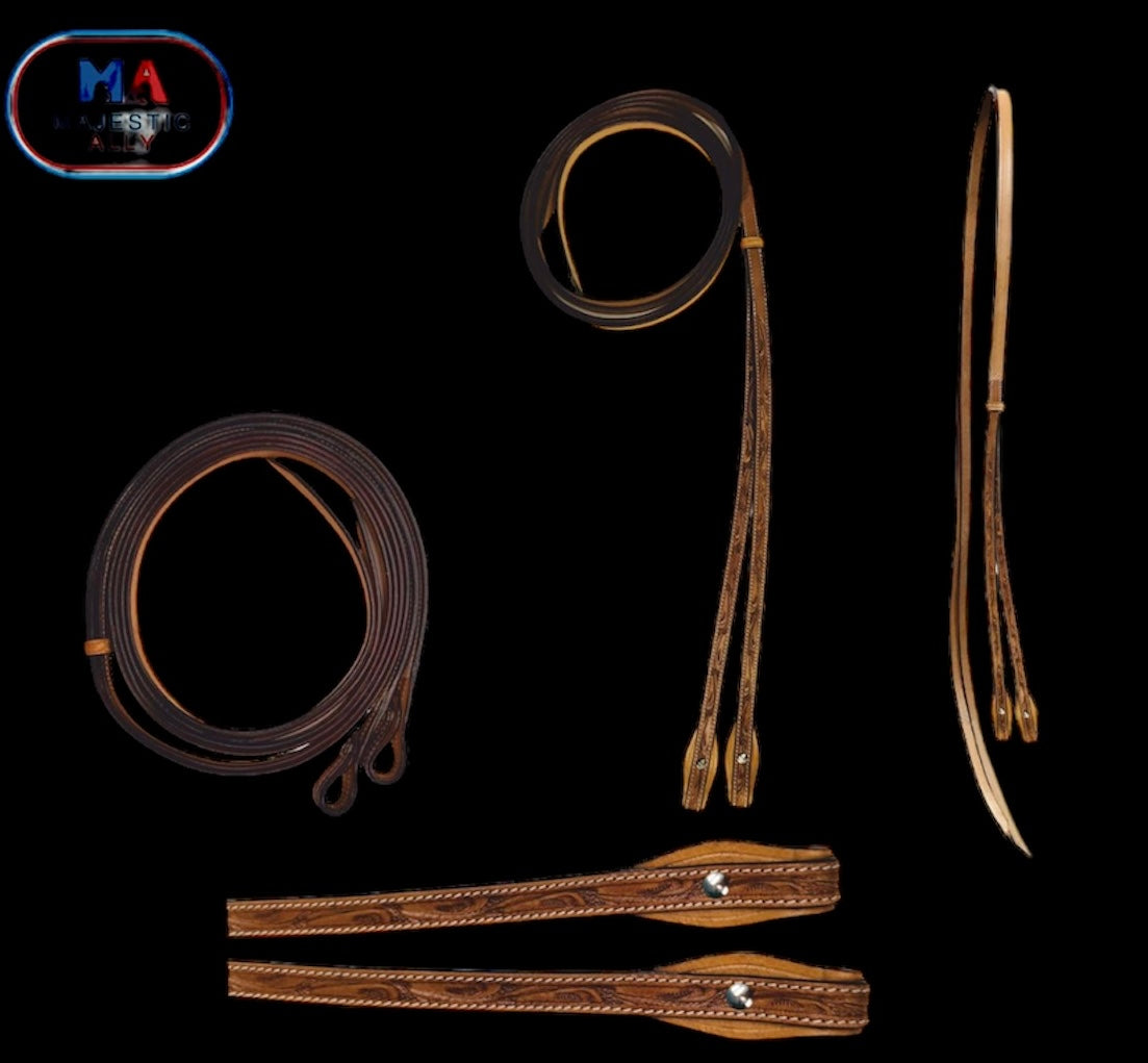 Majestic Ally Tooled Leather Reins – 8 ft Long, 5/8” Wide | Western Riding Split Reins for Horses