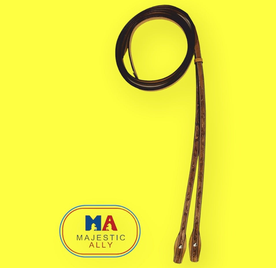 Majestic Ally Tooled Leather Reins – 8 ft Long, 5/8” Wide | Western Riding Split Reins for Horses