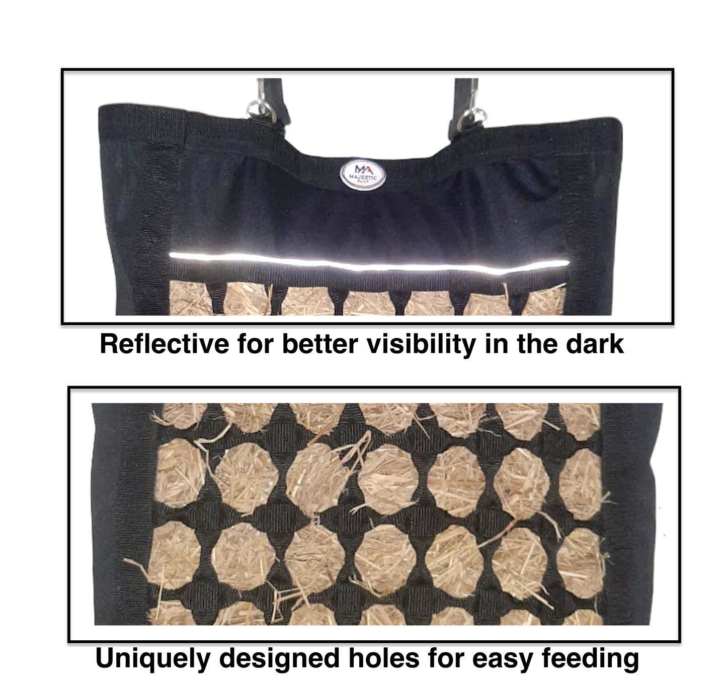 Majestic Ally Nylon Reflective 2.5" Octagon Hole Slow Feed Hay Bag for Horses, Adjustable Travel Feeder for Trailer, Stall, Simulates Grazing, Reduces Waste