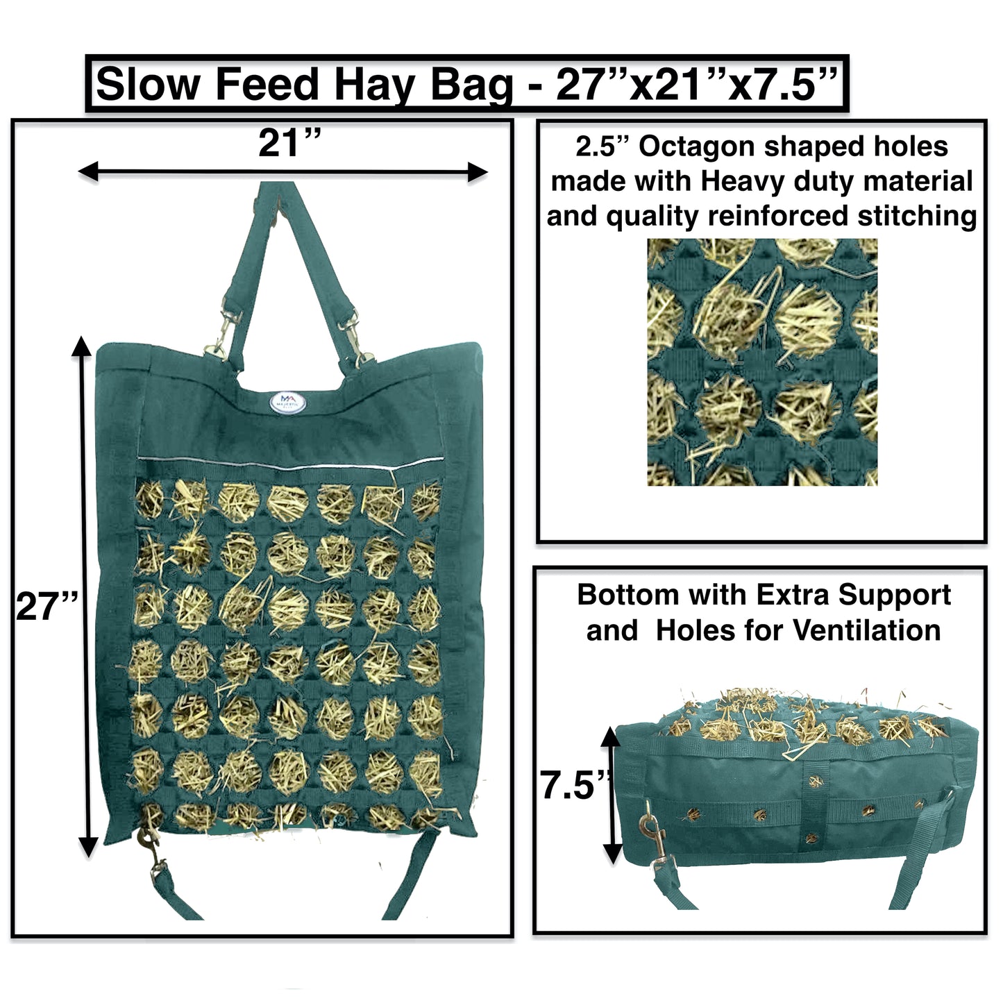 Majestic Ally Nylon Reflective 2.5" Octagon Hole Slow Feed Hay Bag for Horses, Adjustable Travel Feeder for Trailer, Stall, Simulates Grazing, Reduces Waste