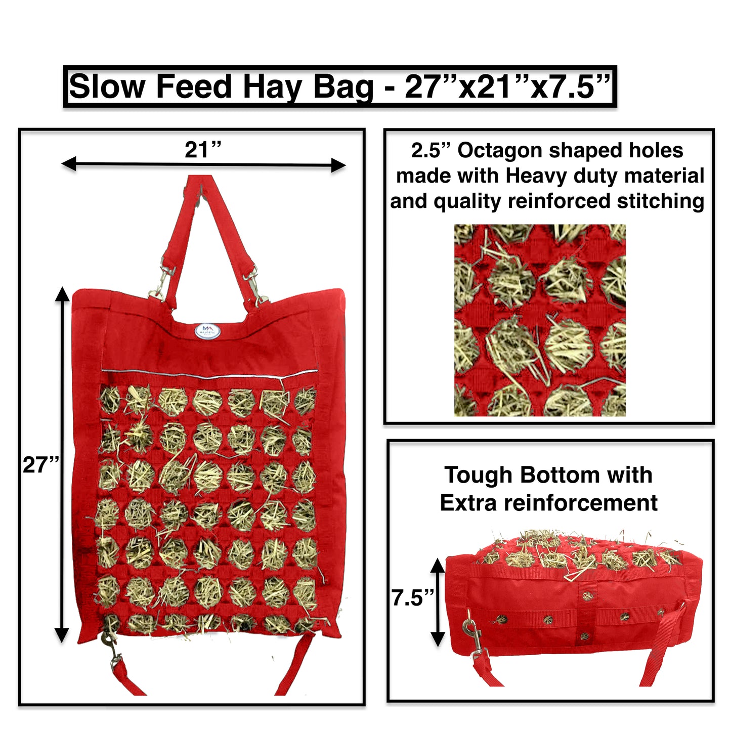 Majestic Ally Nylon Reflective 2.5" Octagon Hole Slow Feed Hay Bag for Horses, Adjustable Travel Feeder for Trailer, Stall, Simulates Grazing, Reduces Waste